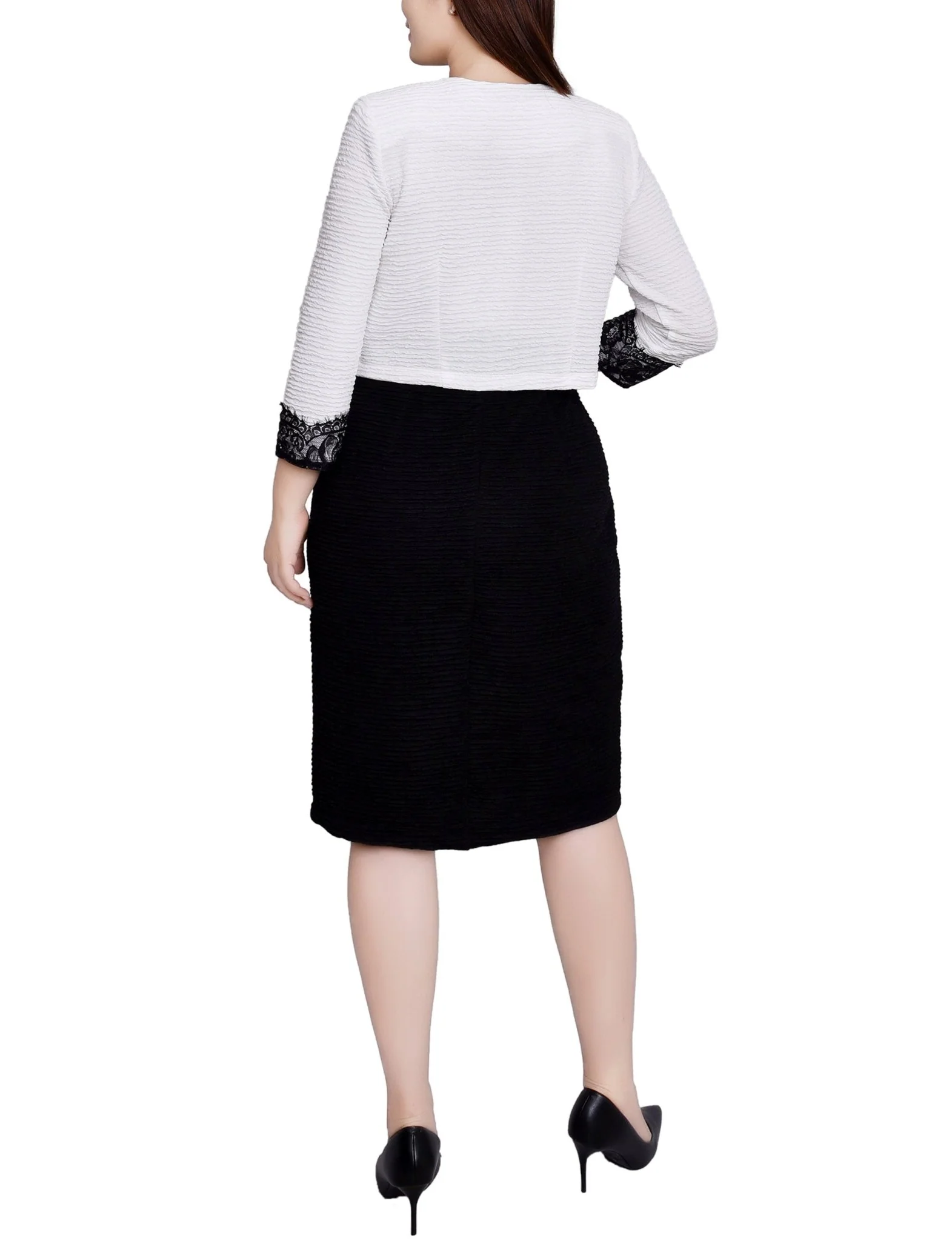 White Black Lace-Detail 2 Piece Textured Knit Dress Set - Petite - Image 3