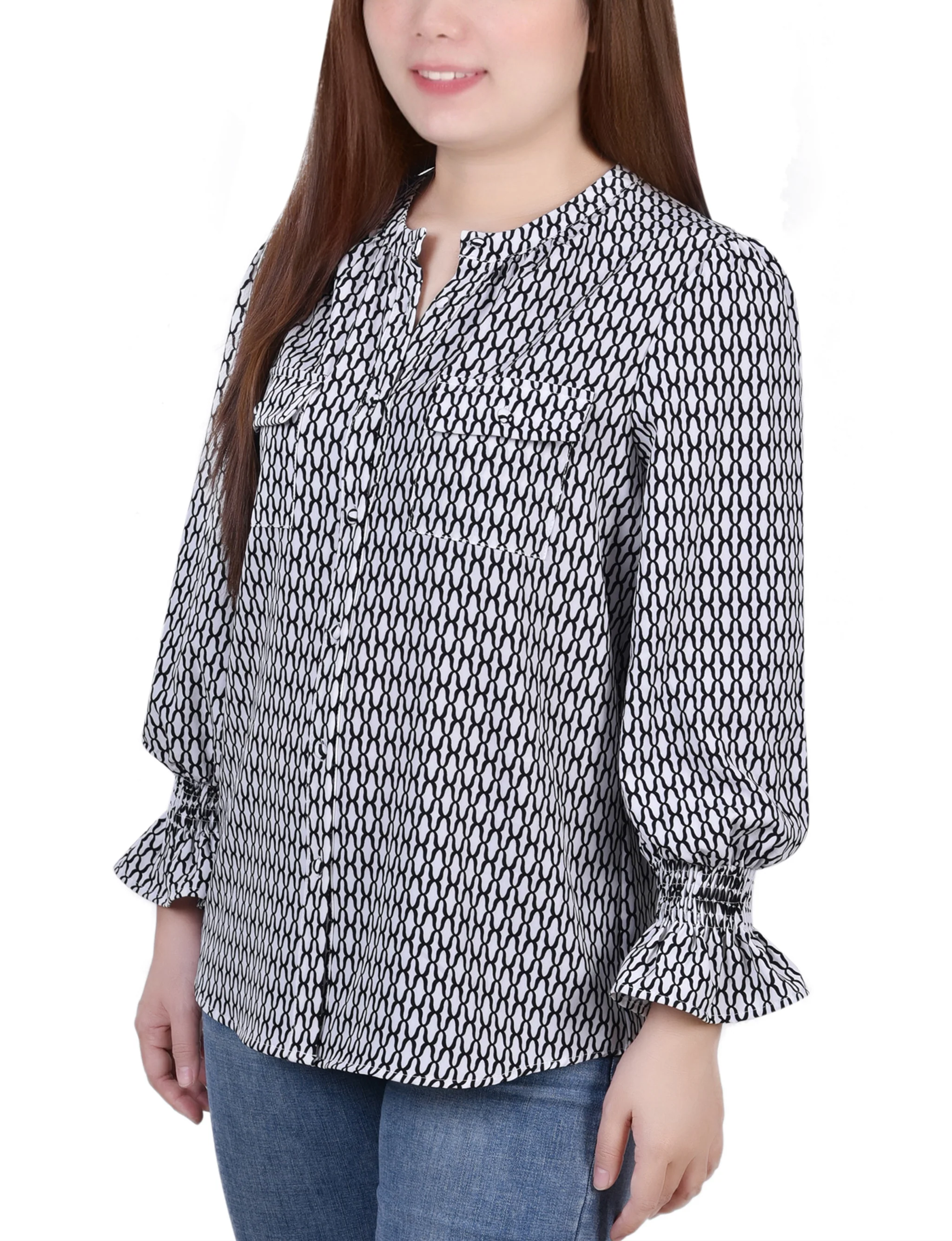 White Long Sleeve Button Front Blouse - Petite - Image 2