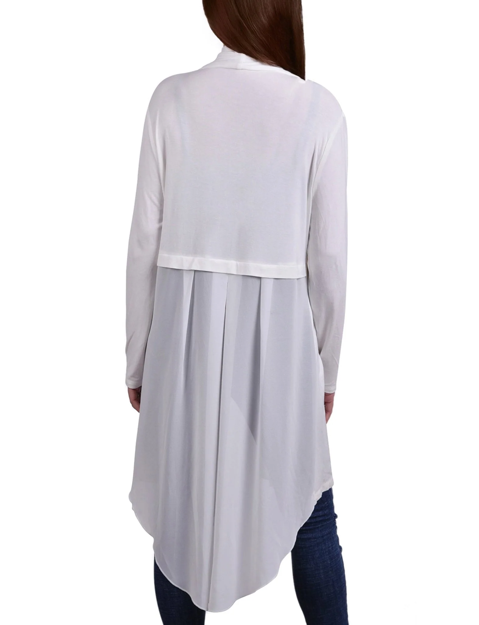 White Long Sleeve Knit Cardigan With Chiffon Back - Image 4