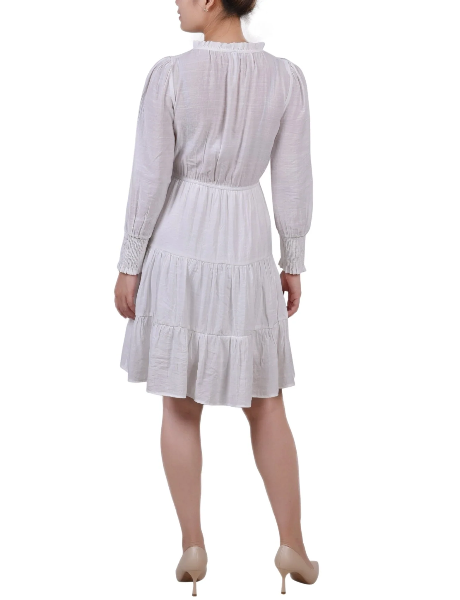 White Long Sleeve Tiered Dress With Ruffled Neck - Petite - Image 3