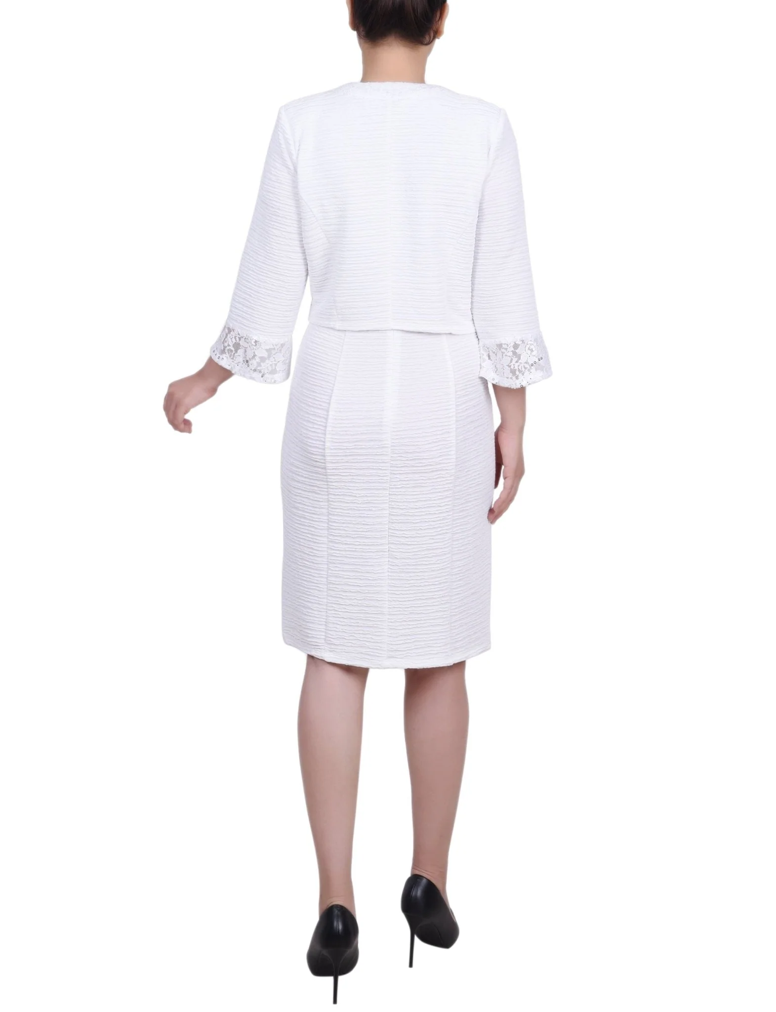 White Two Piece Novelty Knit and Lace Dress Set - Image 3