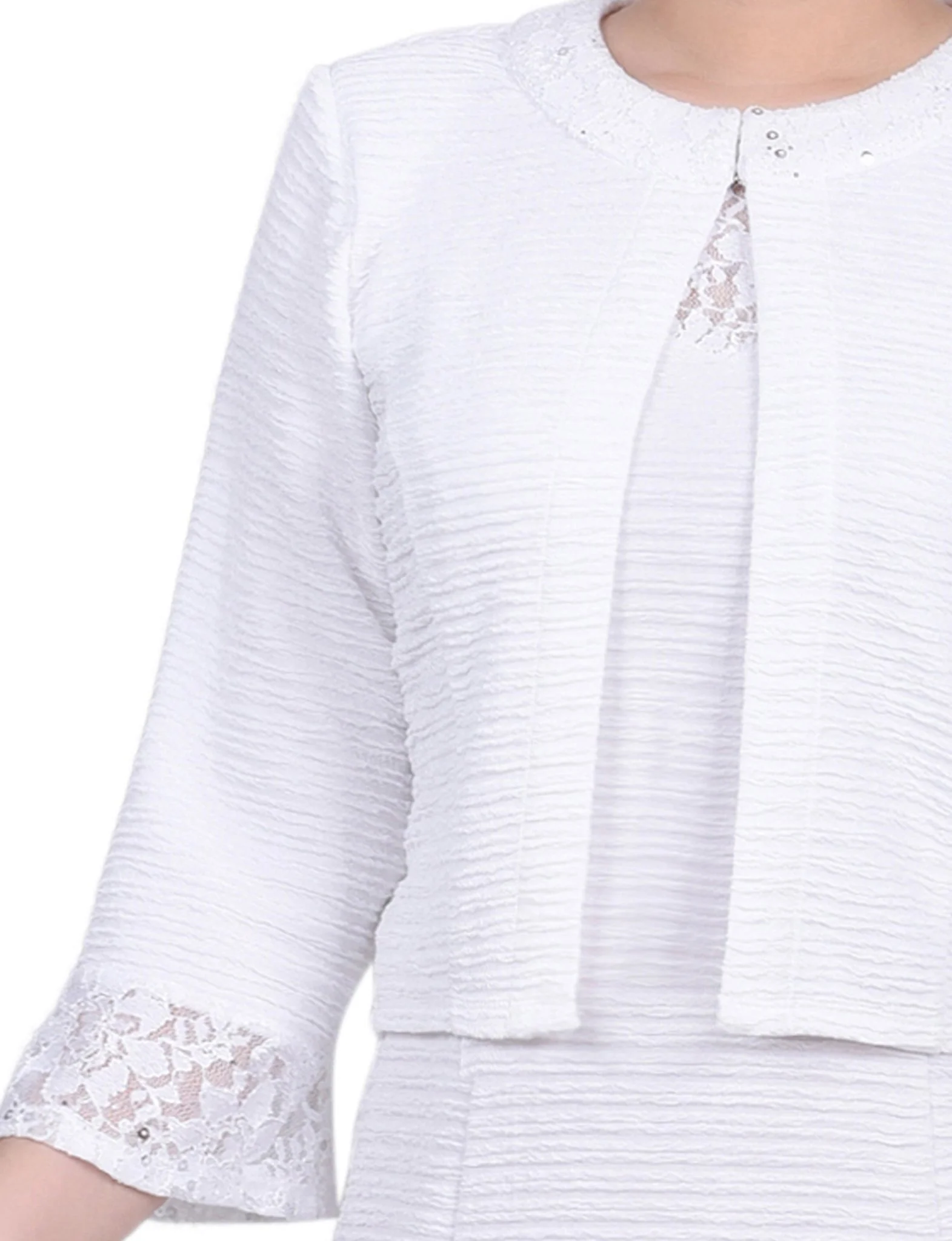 White Two Piece Novelty Knit and Lace Dress Set - Petite - Image 4