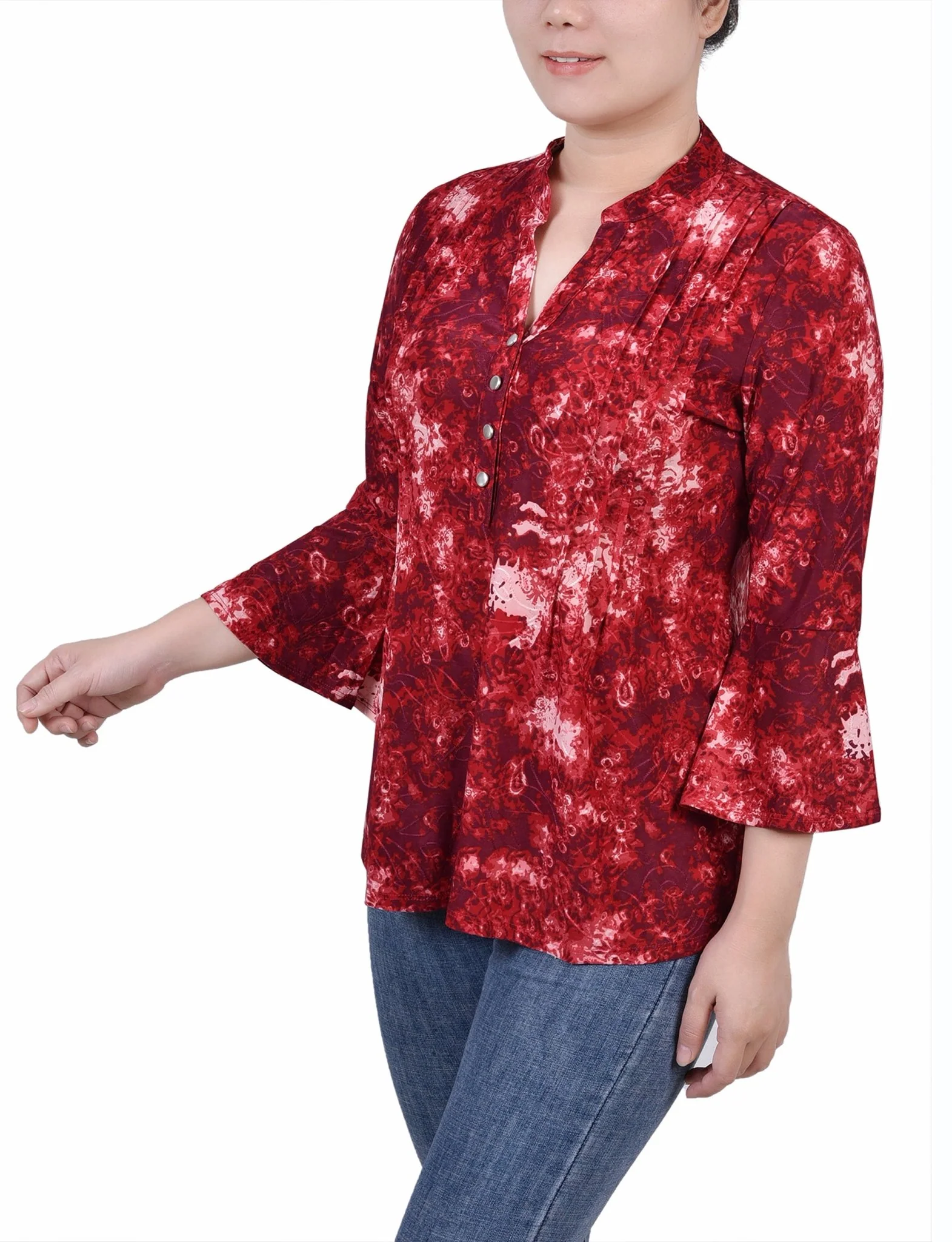 Wine Geobreeze 3/4 Bell Sleeve Pleat Front Y Neck Top - Petite - Image 2