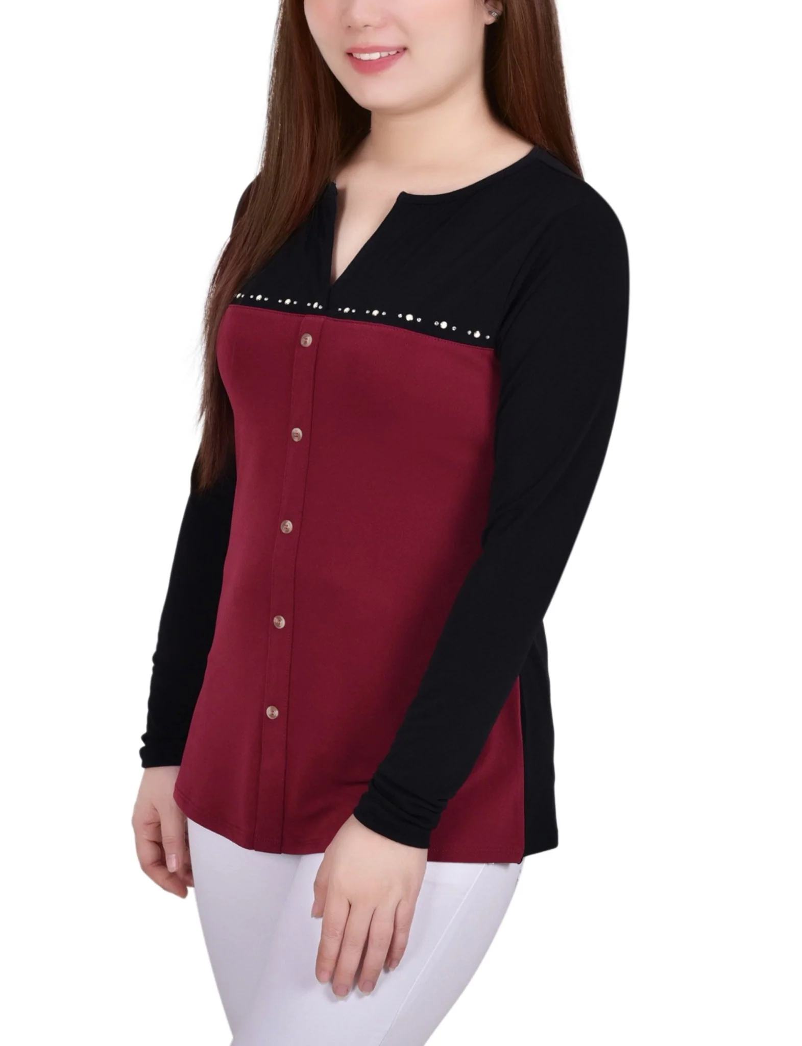 Wine Long Sleeve Studded Colorblocked Split Neck Top - Petite - Image 2