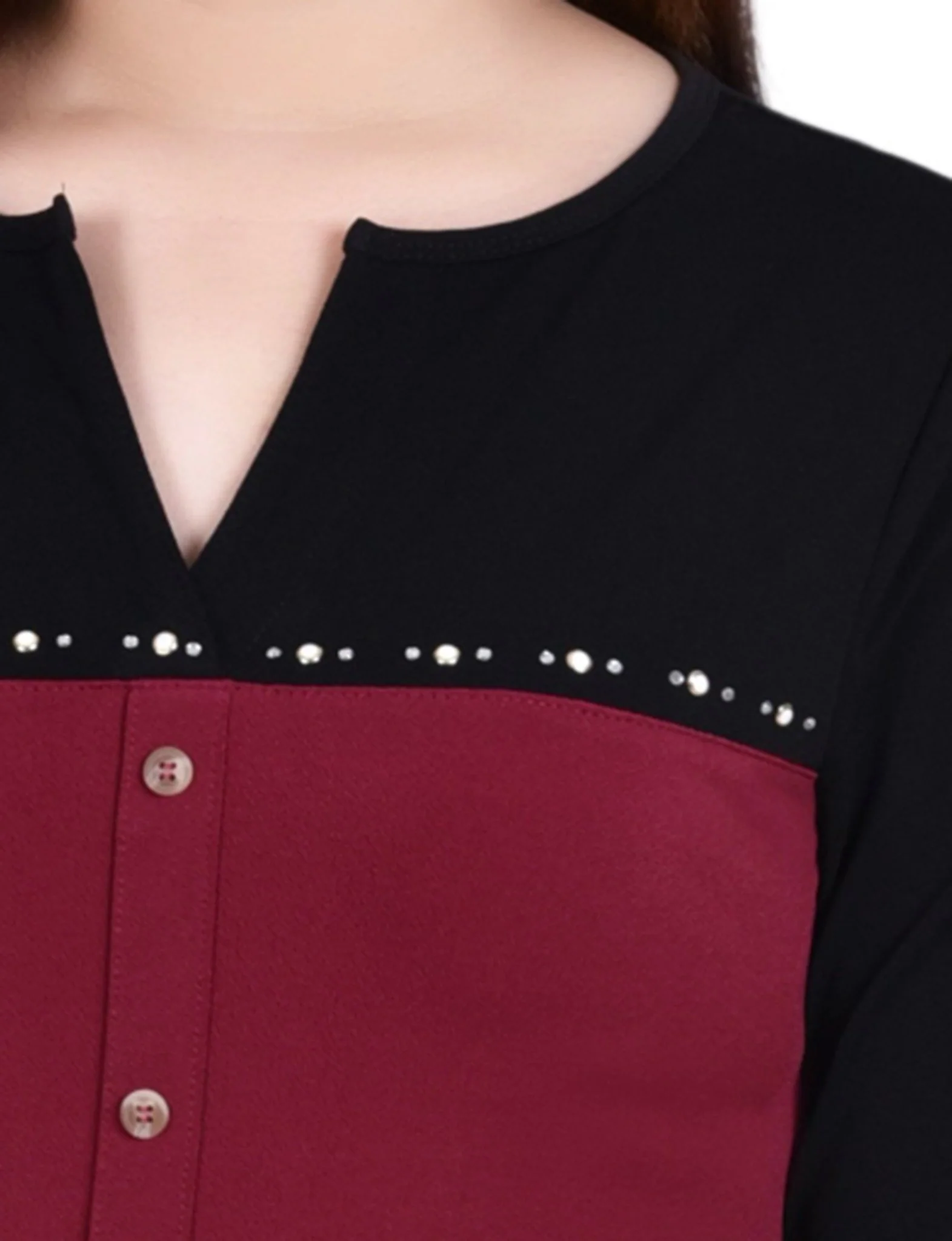 Wine Long Sleeve Studded Colorblocked Split Neck Top - Petite - Image 3