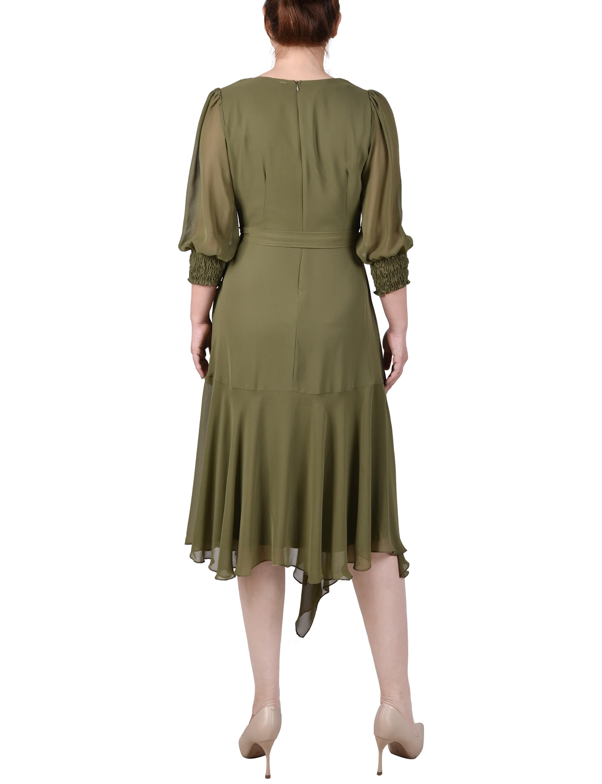 Winter Moss 3/4 Sleeve Belted Chiffon Hankerchief Hem Dress - Image 3