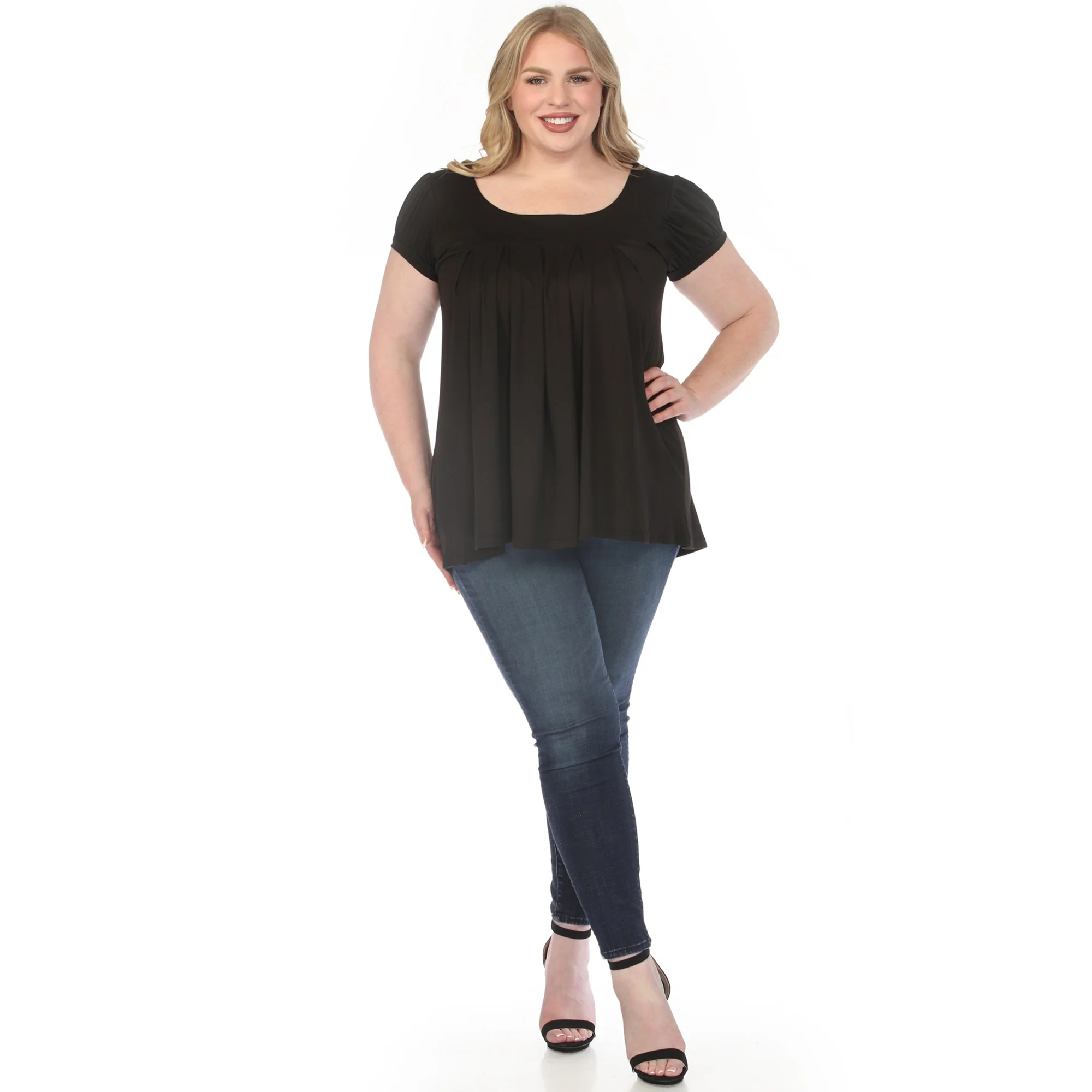 Women's  Cap Sleeve Pleated Top - Black - Plus - Image 5