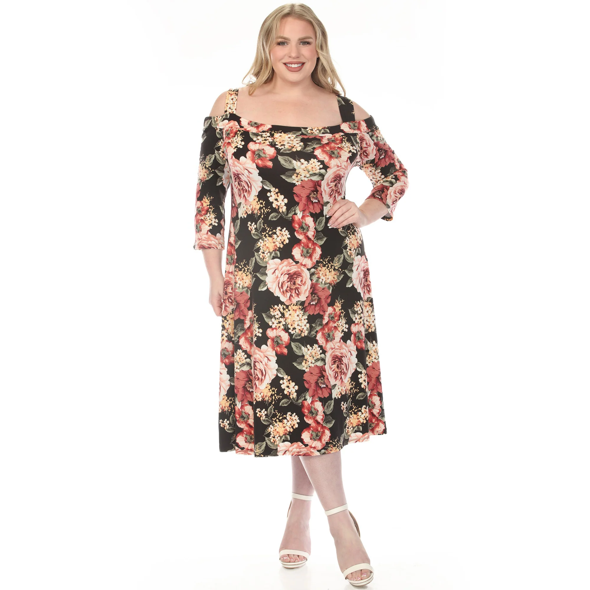 Women's Cold Shoulder 3/4 Sleeve Dress - Black - Plus