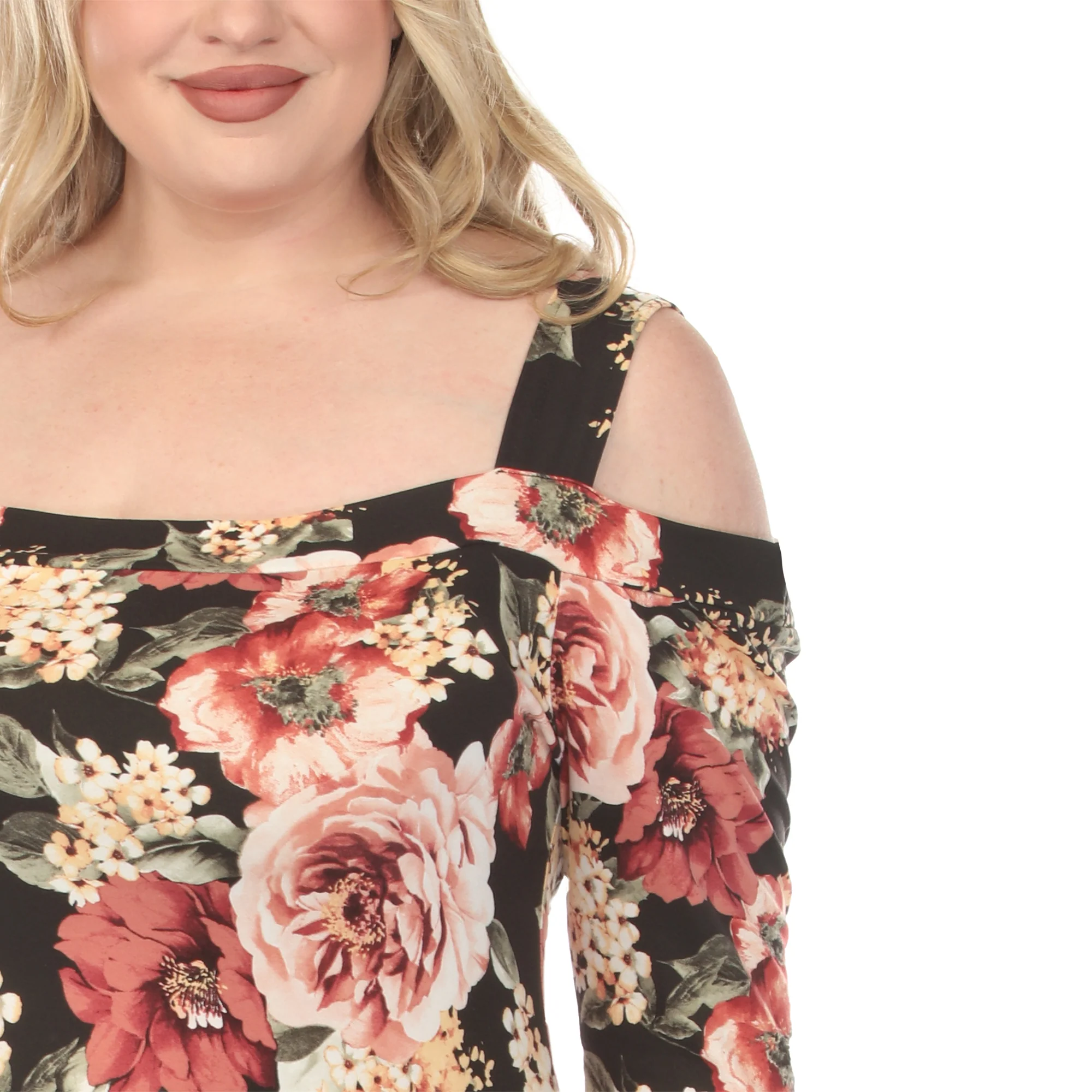 Women's Cold Shoulder 3/4 Sleeve Dress - Black - Plus - Image 4