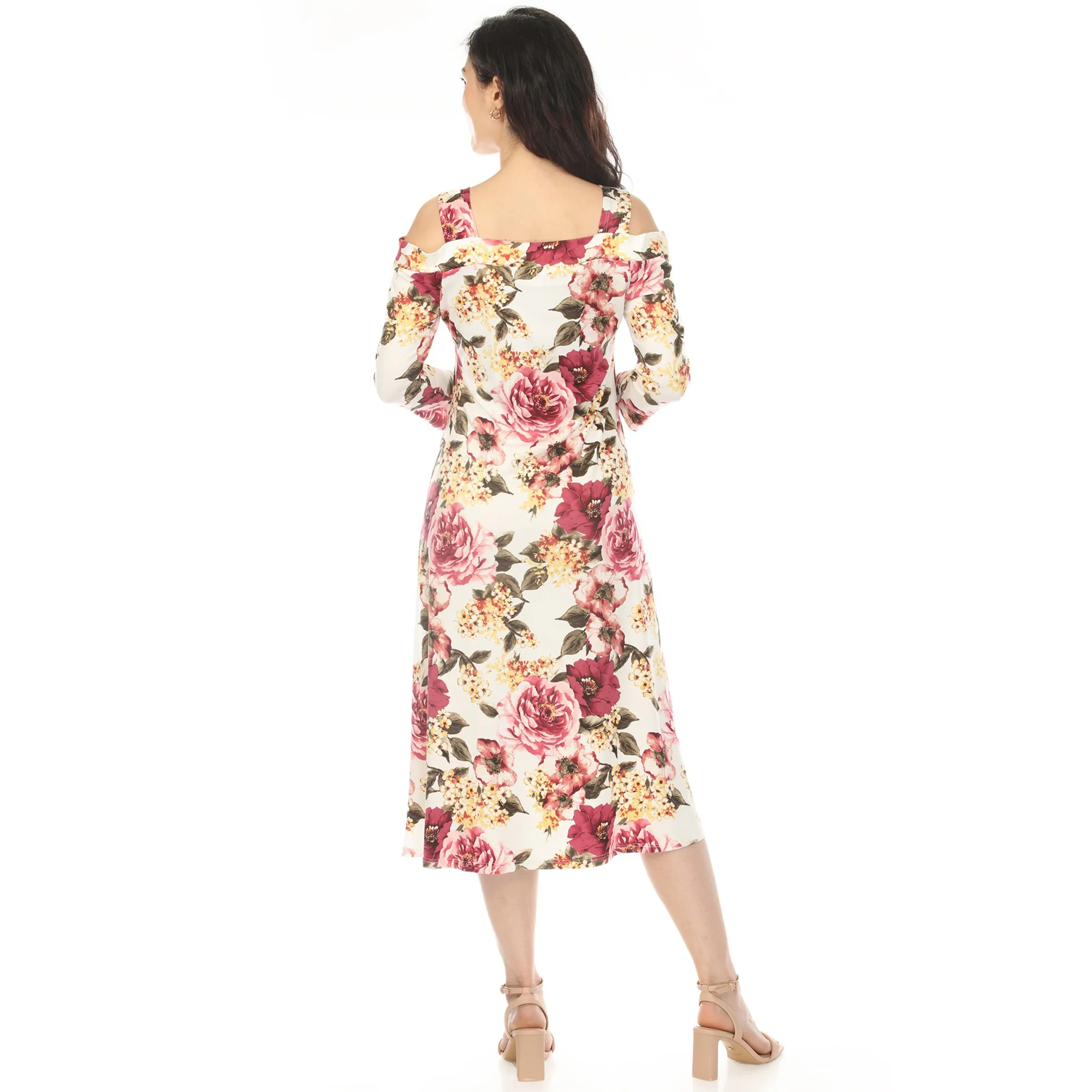 Women's Cold Shoulder 3/4 Sleeve Dress - Ivory Mauve - Image 3