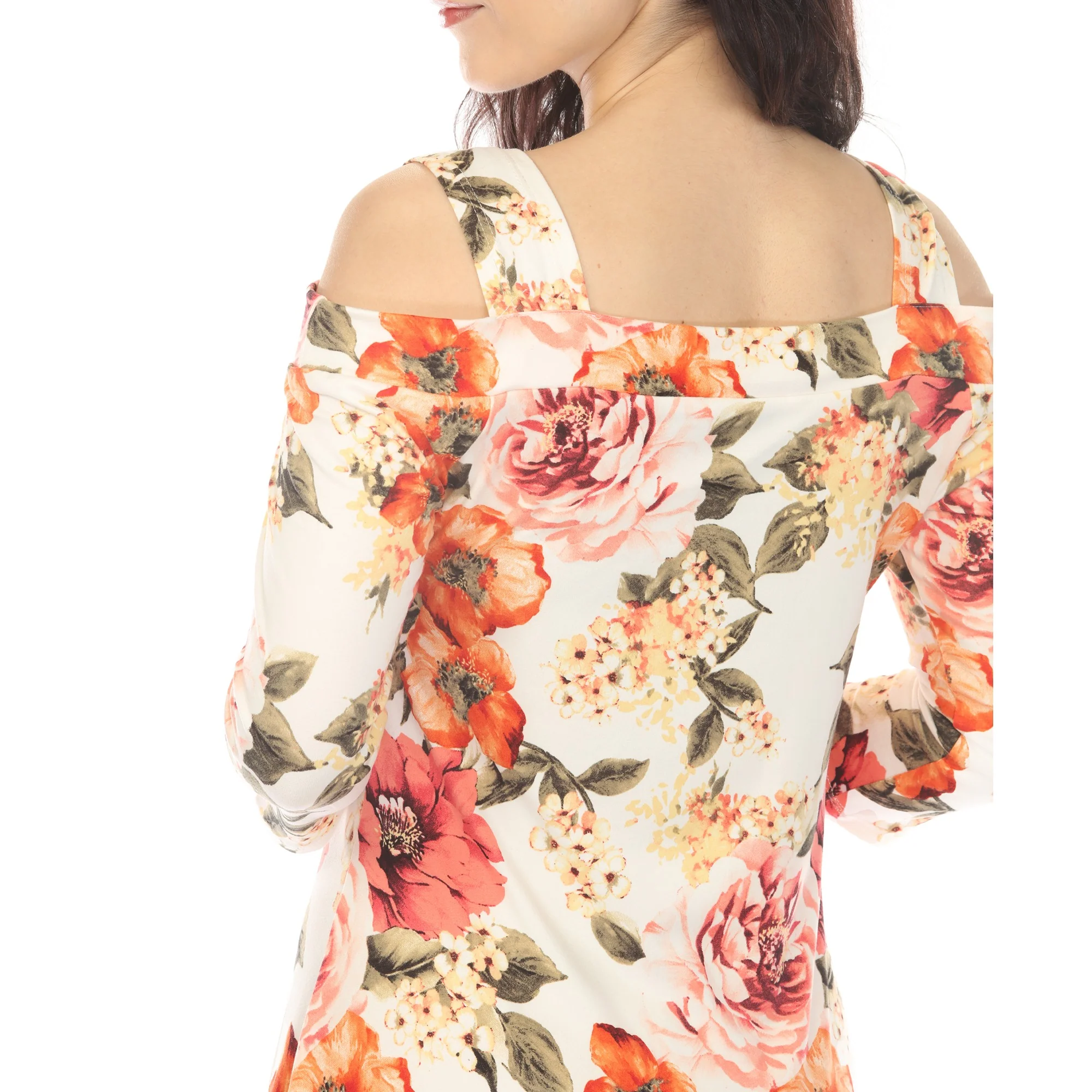 Women's Cold Shoulder 3/4 Sleeve Dress - Ivory Orange - Image 4