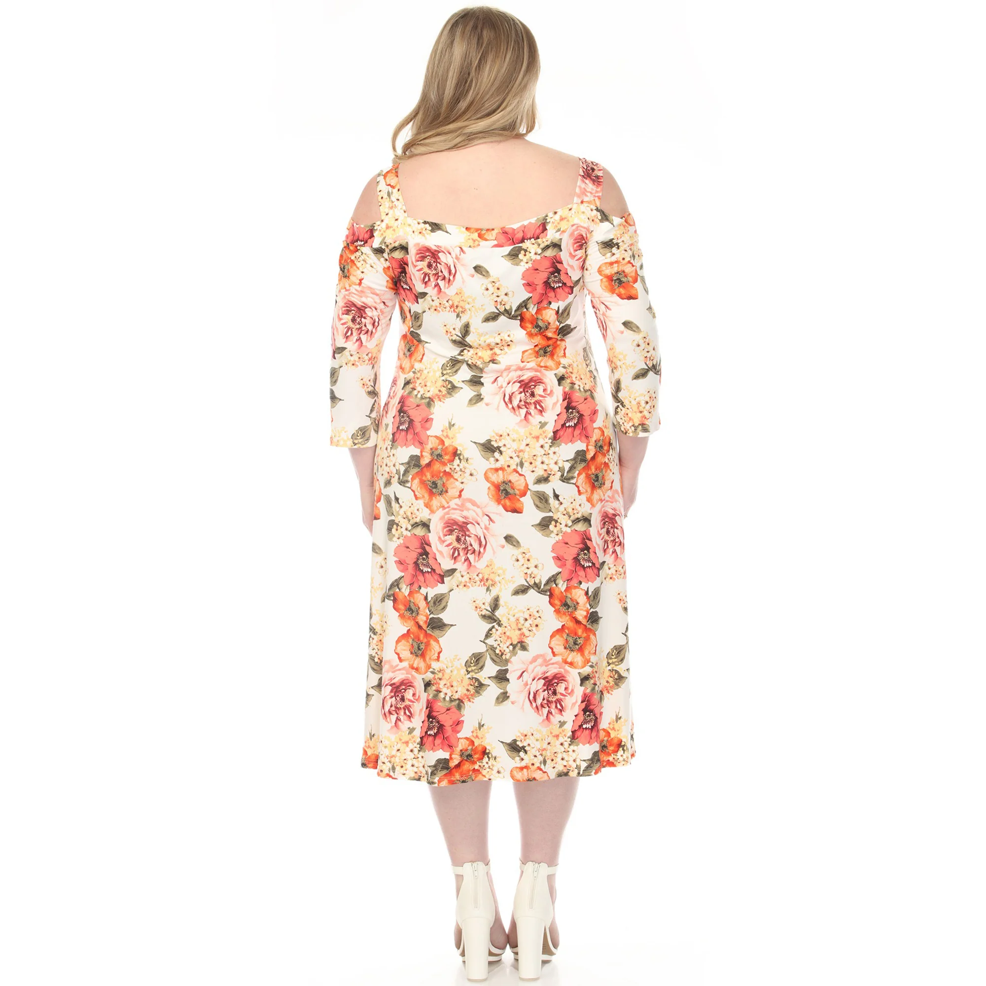 Women's  Cold Shoulder 3/4 Sleeve Dress - Ivory Orange - Plus - Image 3
