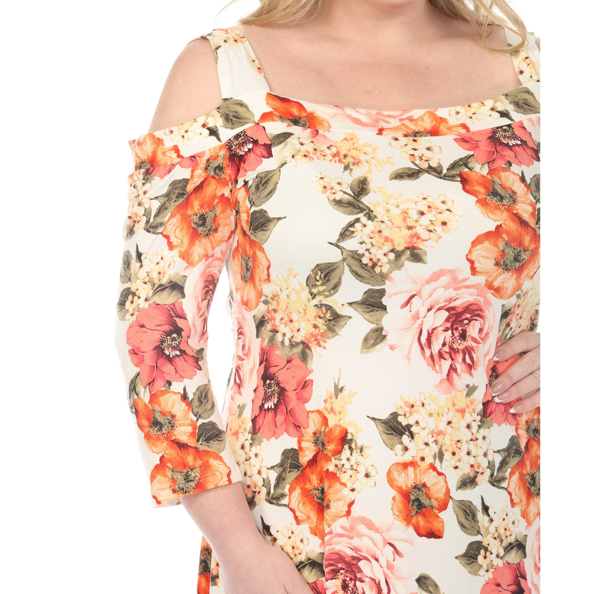 Women's  Cold Shoulder 3/4 Sleeve Dress - Ivory Orange - Plus - Image 4