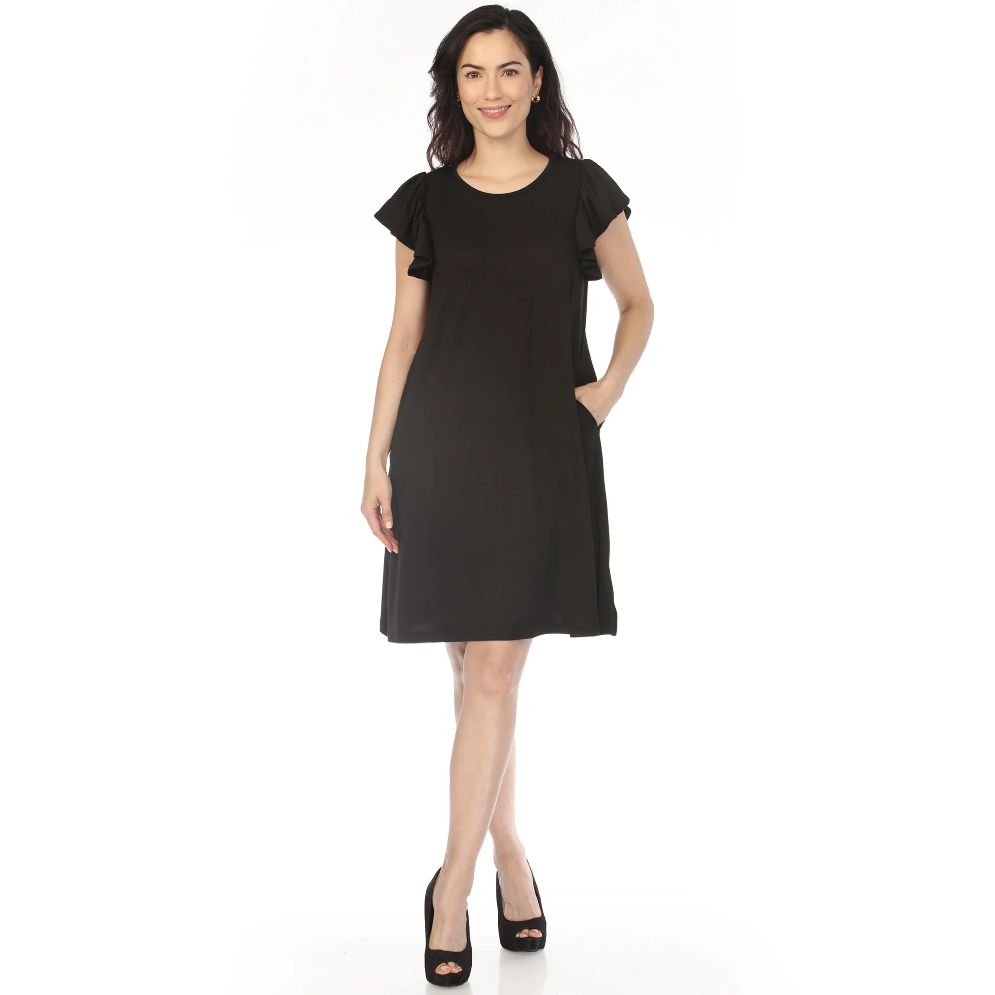 Women's Crew Neck Ruffle Sleeve Dress - Black