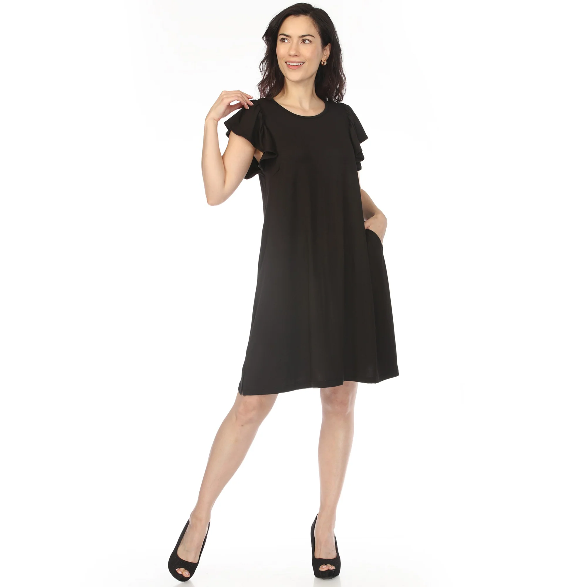 Women's Crew Neck Ruffle Sleeve Dress - Black - Image 5