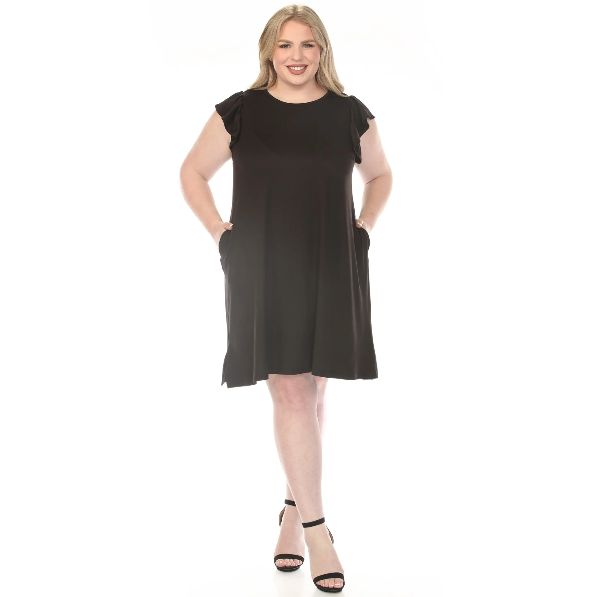 Women's Crew Neck Ruffle Sleeve Dress - Black - Plus