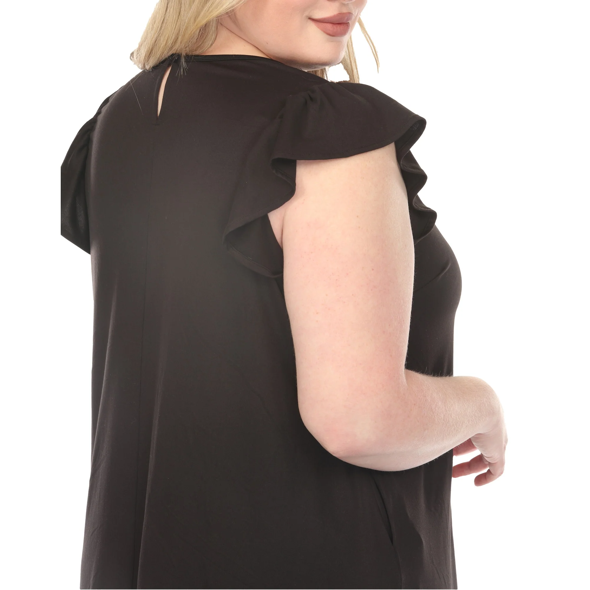 Women's Crew Neck Ruffle Sleeve Dress - Black - Plus - Image 4