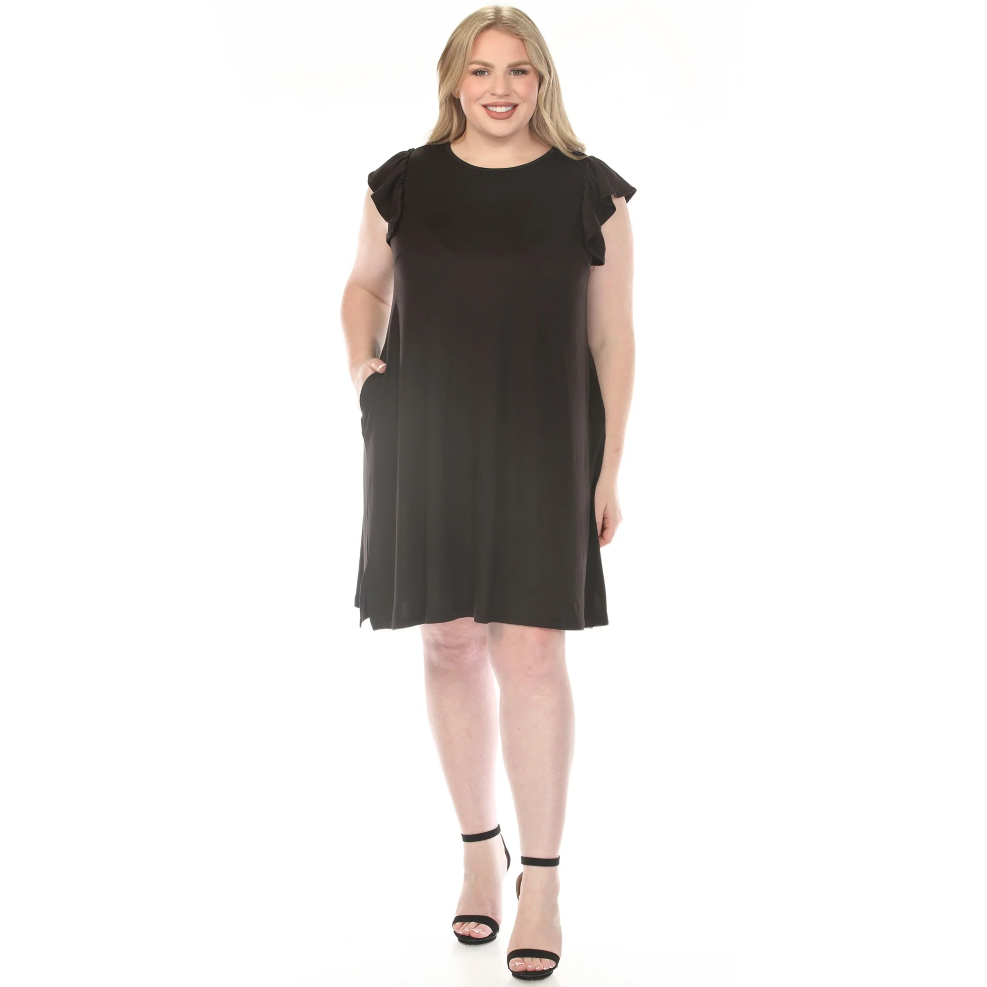Women's Crew Neck Ruffle Sleeve Dress - Black - Plus - Image 5