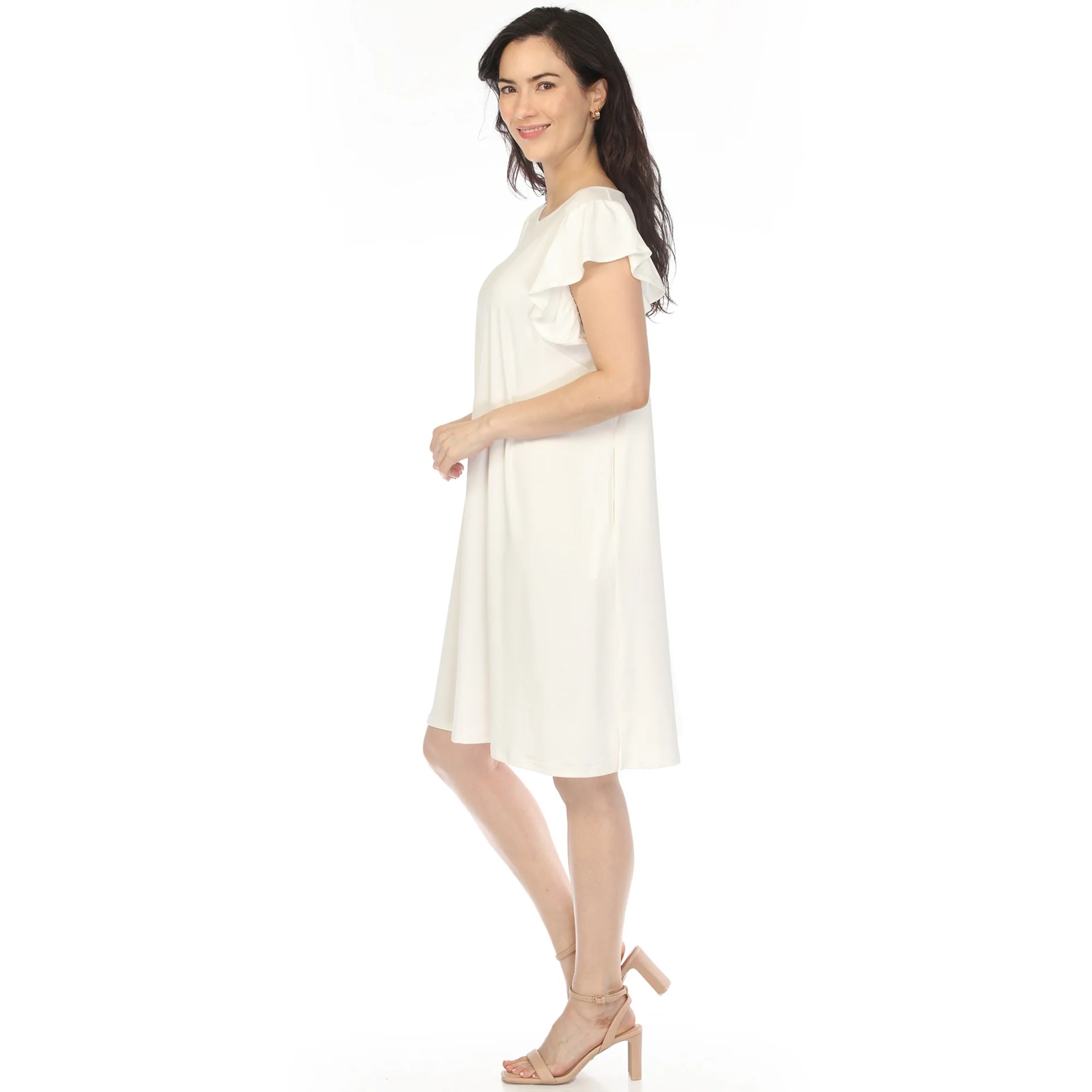Women's Crew Neck Ruffle Sleeve Dress - Off White - Image 2