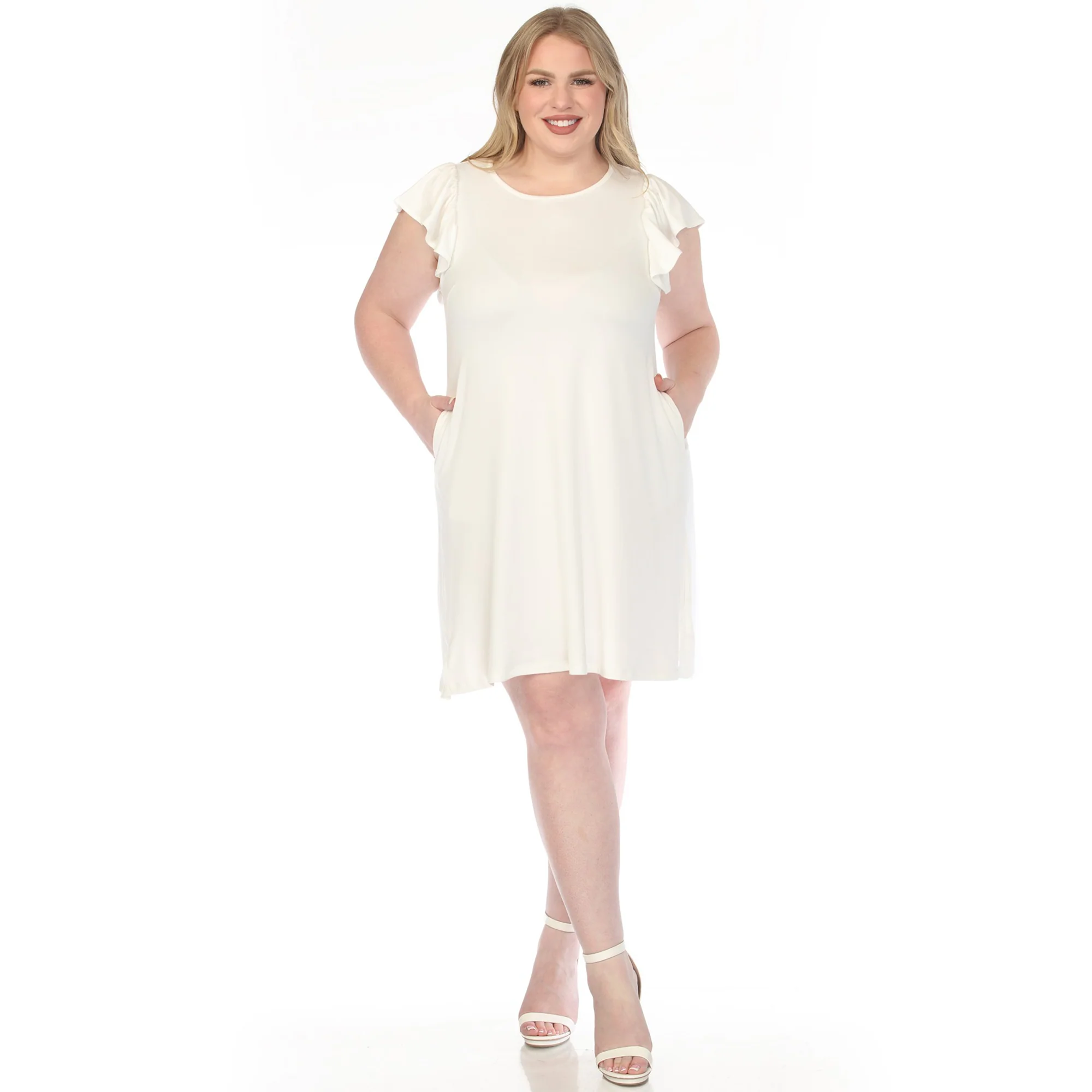 Women's Crew Neck Ruffle Sleeve Dress - Off White - Plus