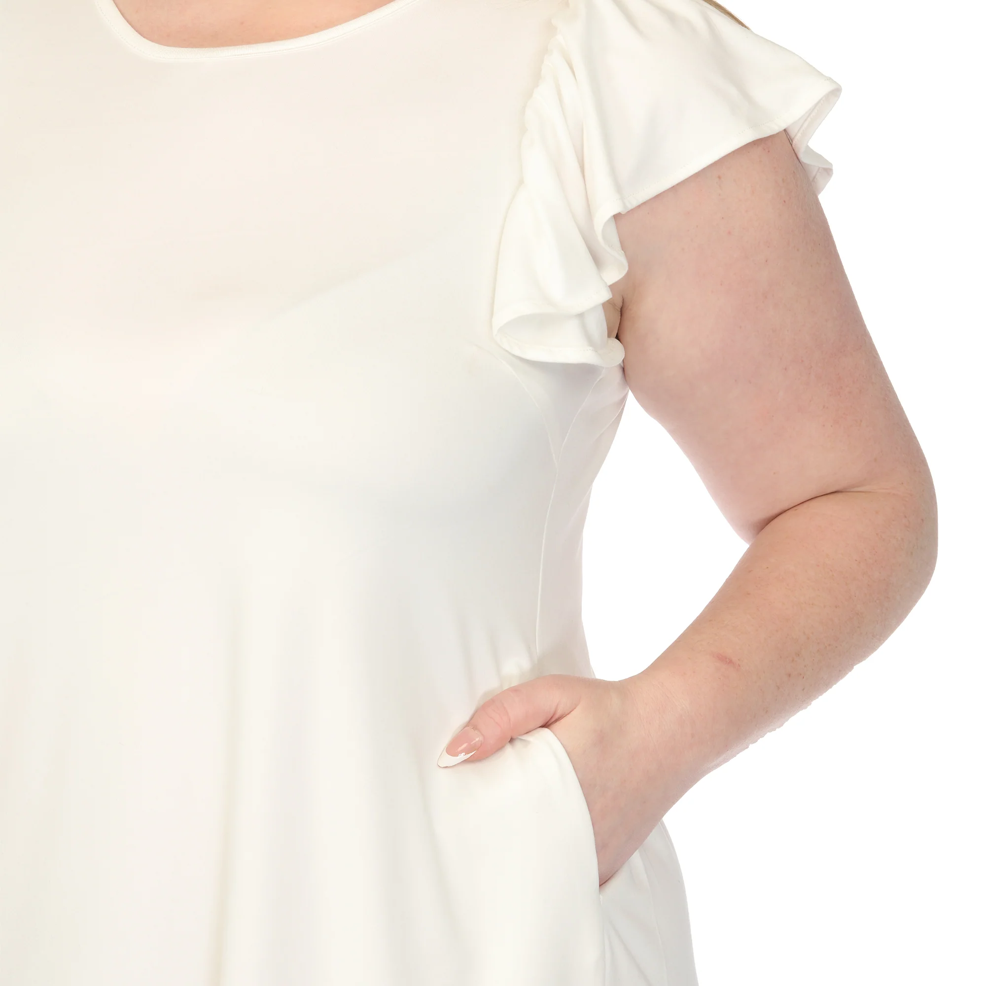 Women's Crew Neck Ruffle Sleeve Dress - Off White - Plus - Image 4