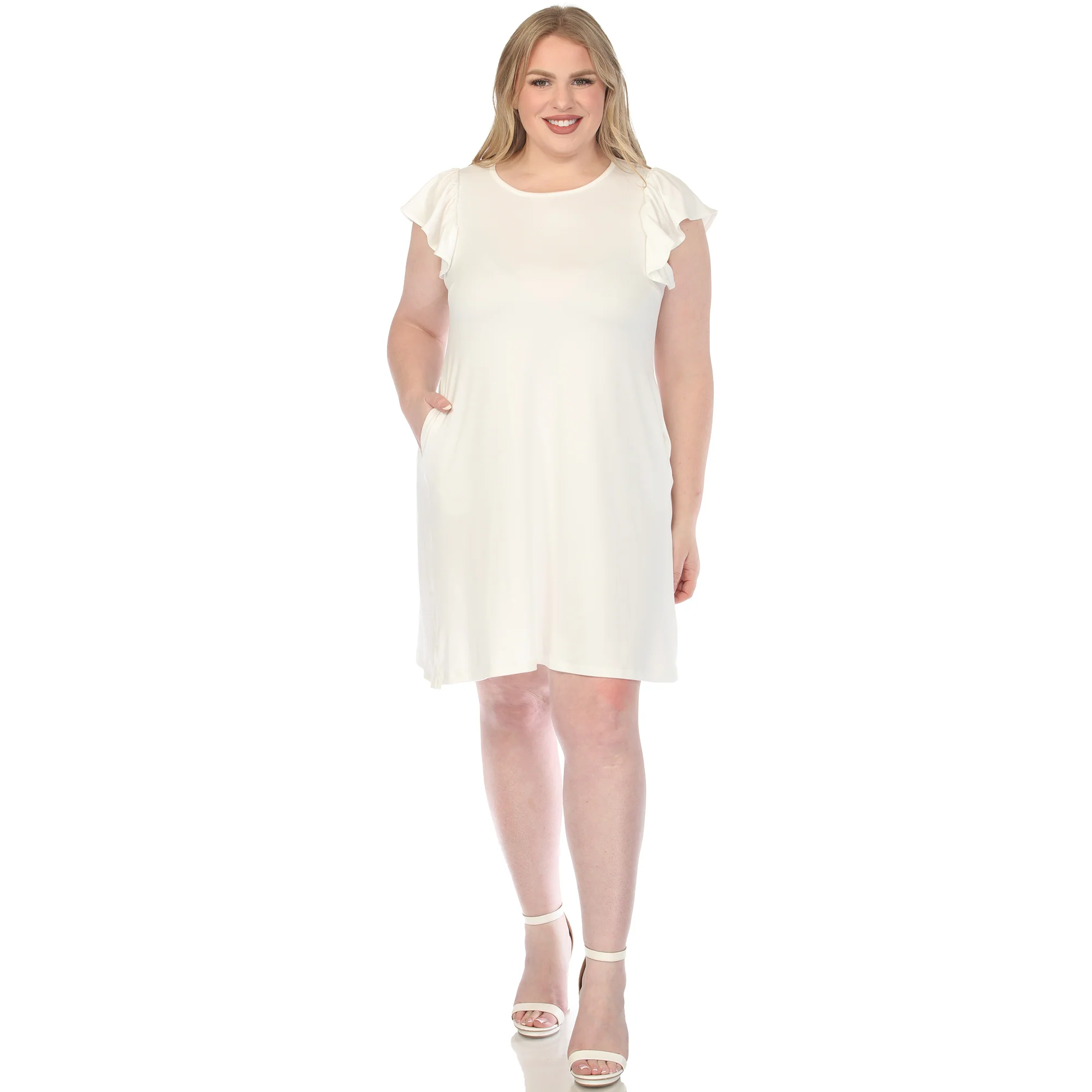 Women's Crew Neck Ruffle Sleeve Dress - Off White - Plus - Image 5
