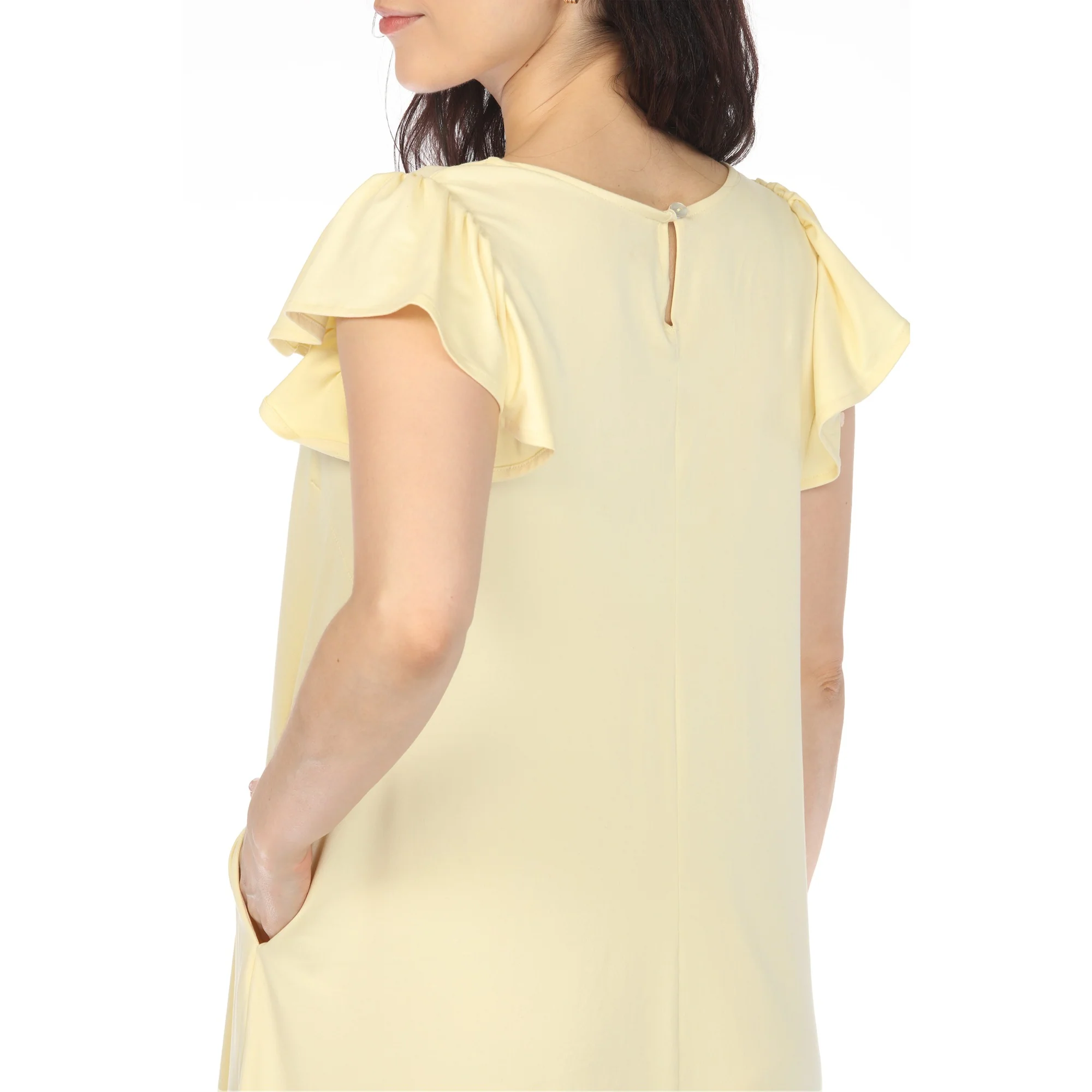 Women's Crew Neck Ruffle Sleeve Dress - Yellow - Image 4