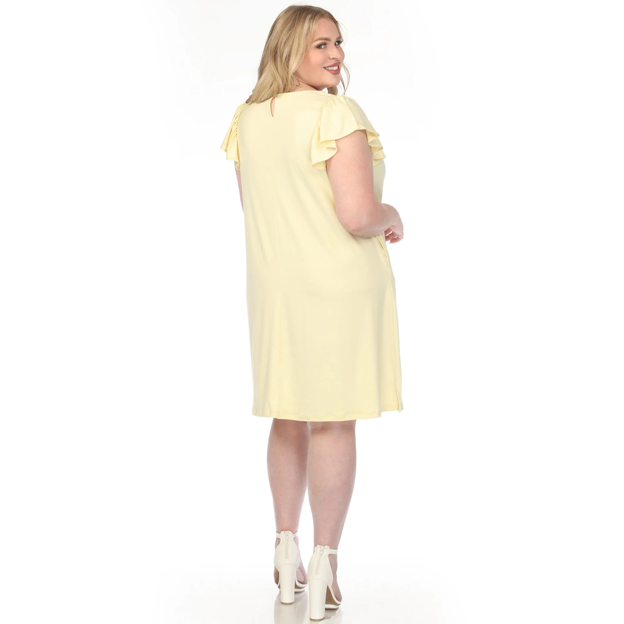 Women's Crew Neck Ruffle Sleeve Dress - Yellow - Plus - Image 3