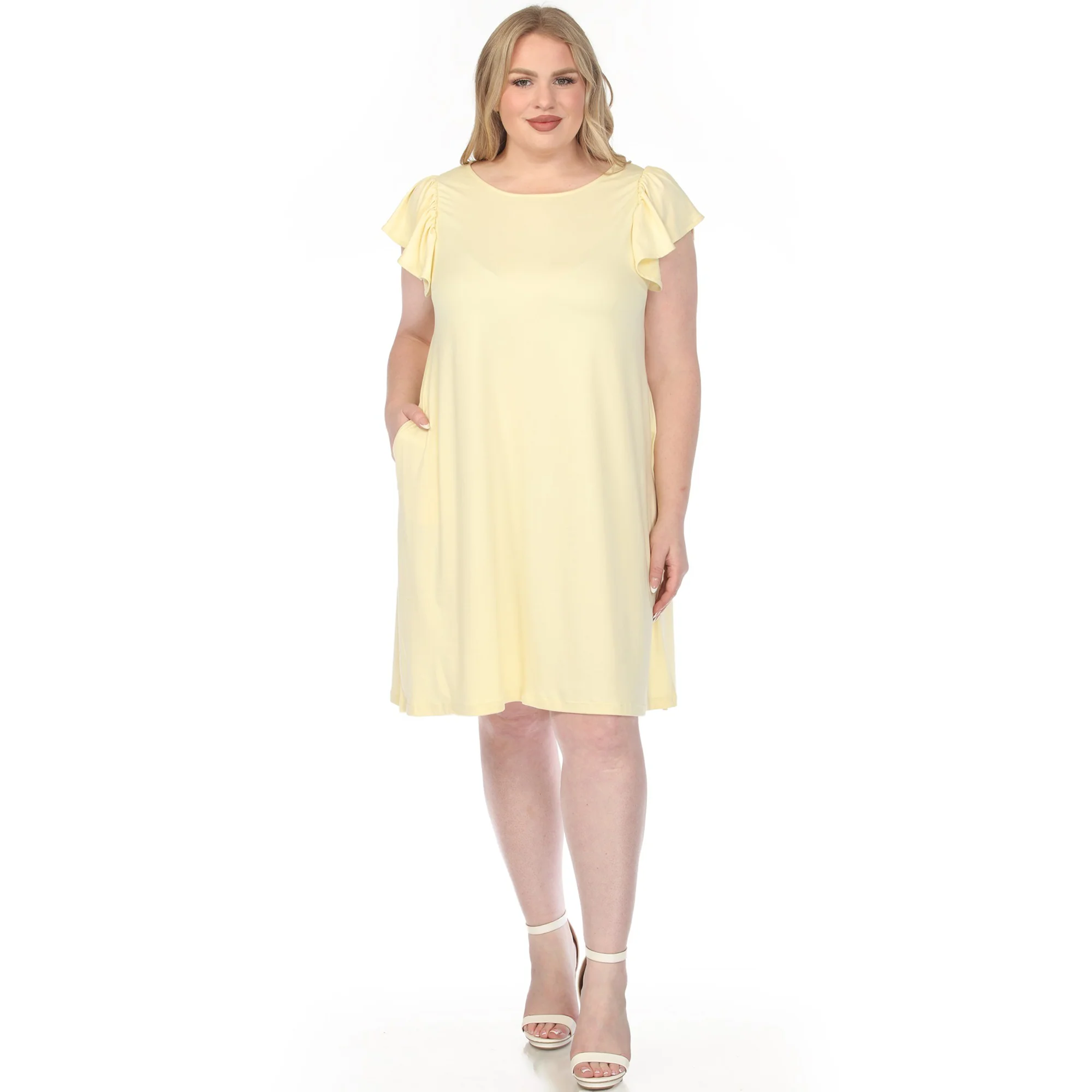 Women's Crew Neck Ruffle Sleeve Dress - Yellow - Plus - Image 5