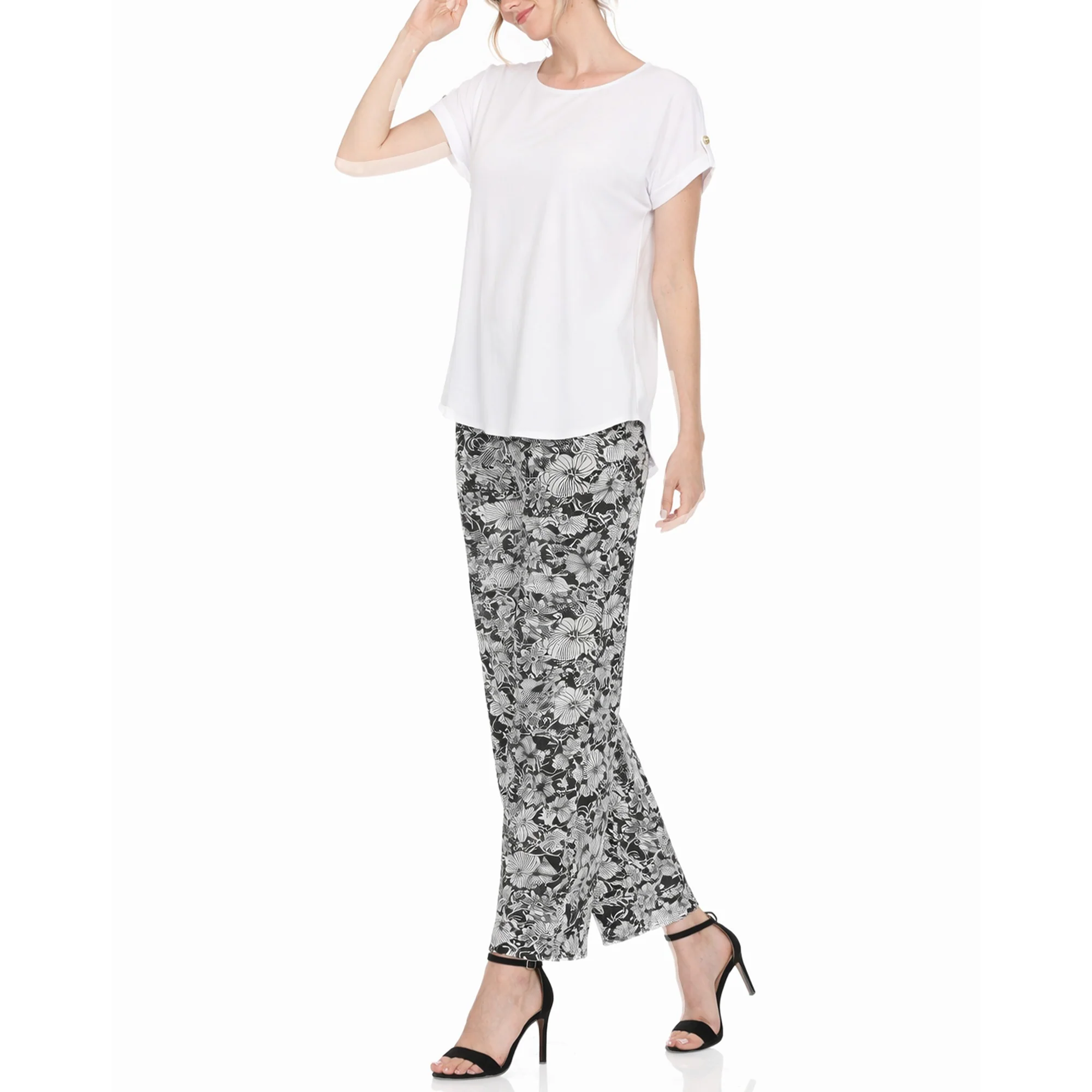Women's Folded Sleeve Top and Printed Pant Two-Piece Set - Image 2