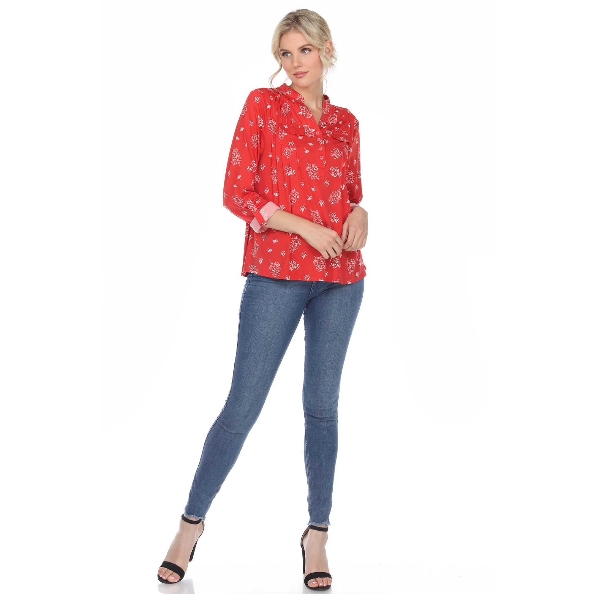Women's Pleated Long Sleeve Leaf Print Blouse - Image 14