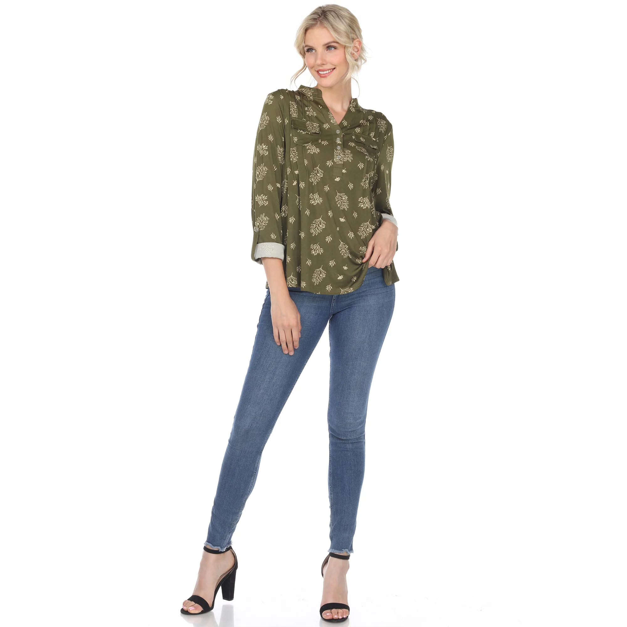 Women's Pleated Long Sleeve Leaf Print Blouse - Image 19