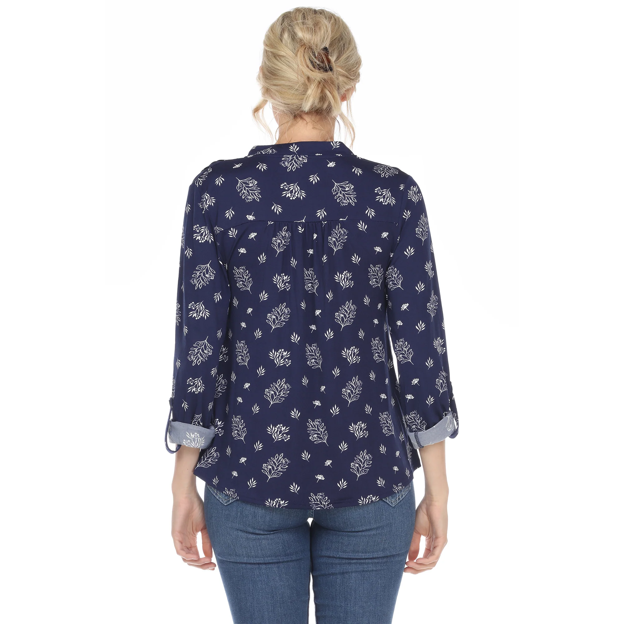 Women's Pleated Long Sleeve Leaf Print Blouse - Image 8