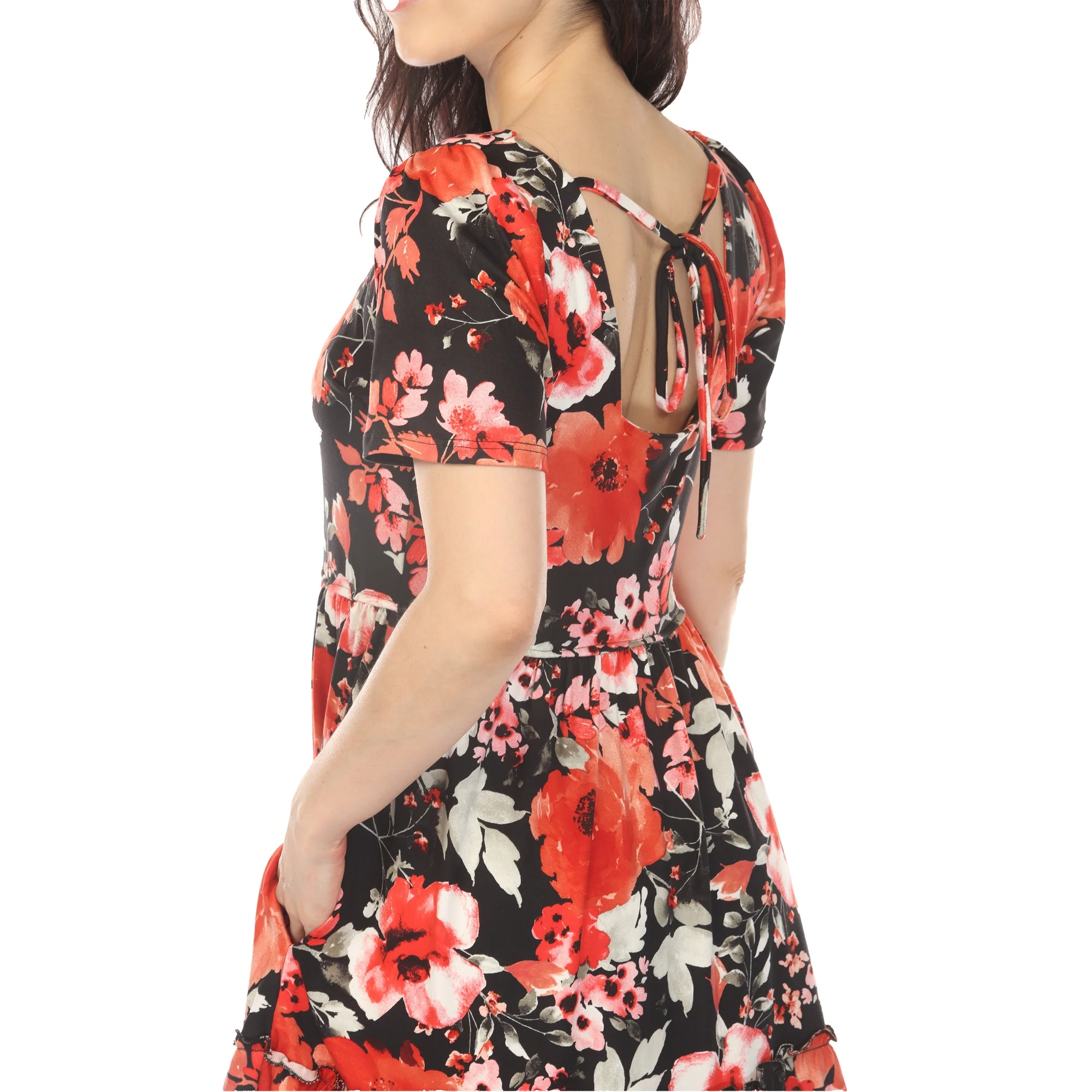 Women's Square Neck Short Sleeve Floral Dress - Black Red - Image 4