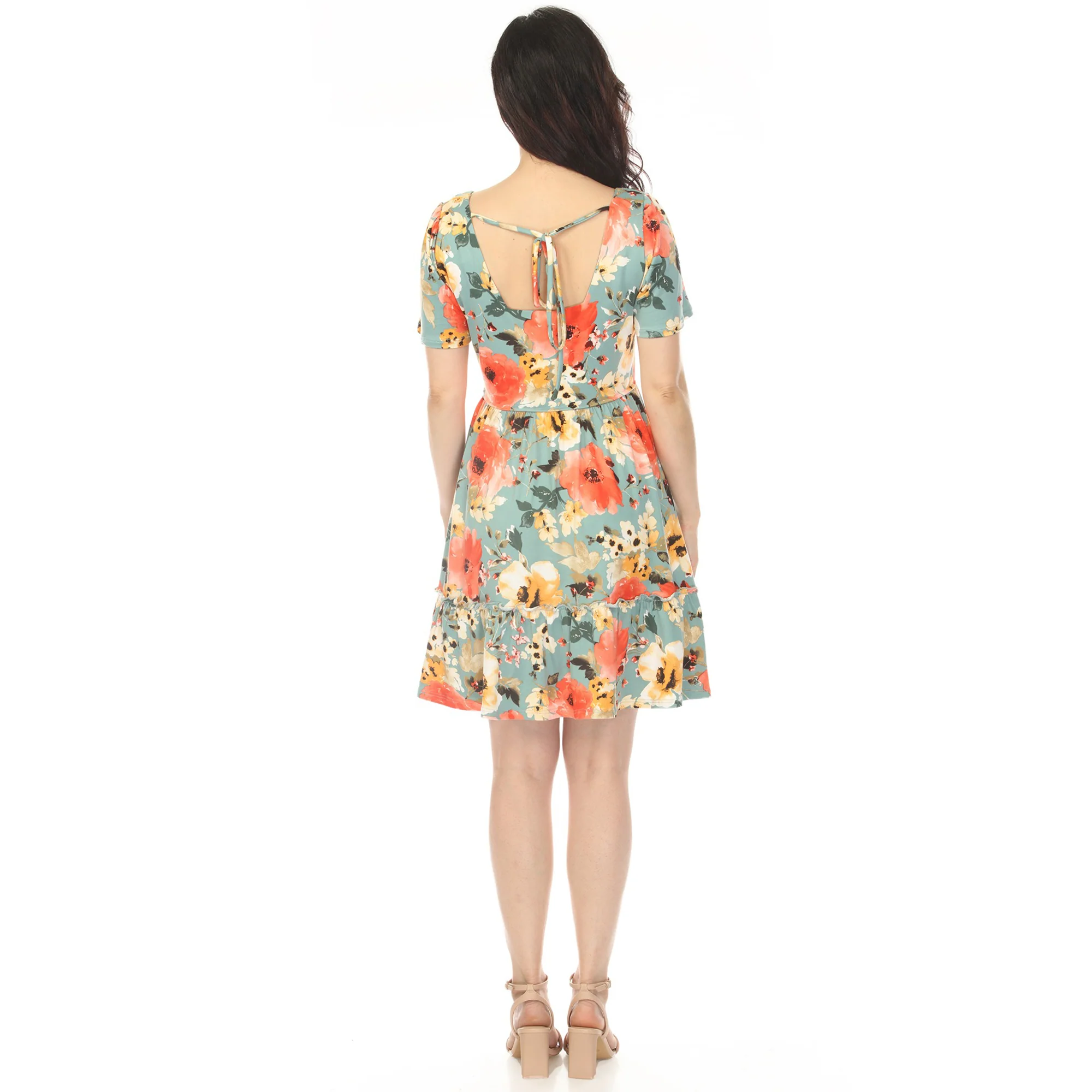 Women's Square Neck Short Sleeve Floral Dress - Sage Coral - Image 3