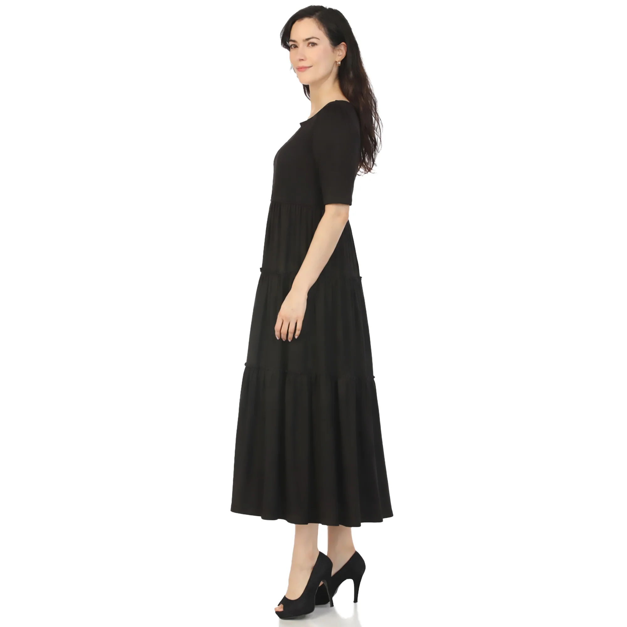 Women's Square Neck Short Sleeve Tiered Dress - Black - Image 2