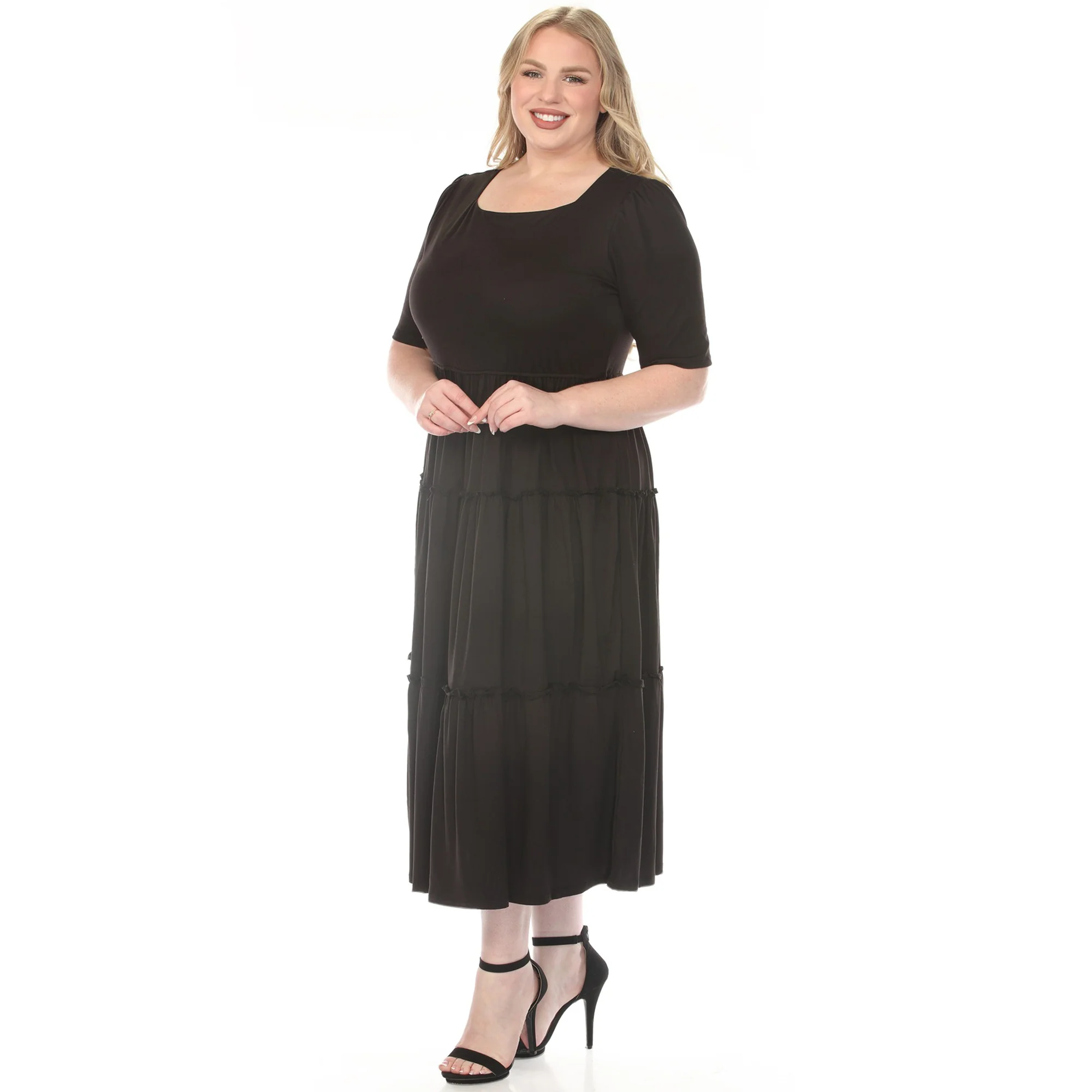 Women's  Square Neck Short Sleeve Tiered Dress - Black - Plus - Image 2