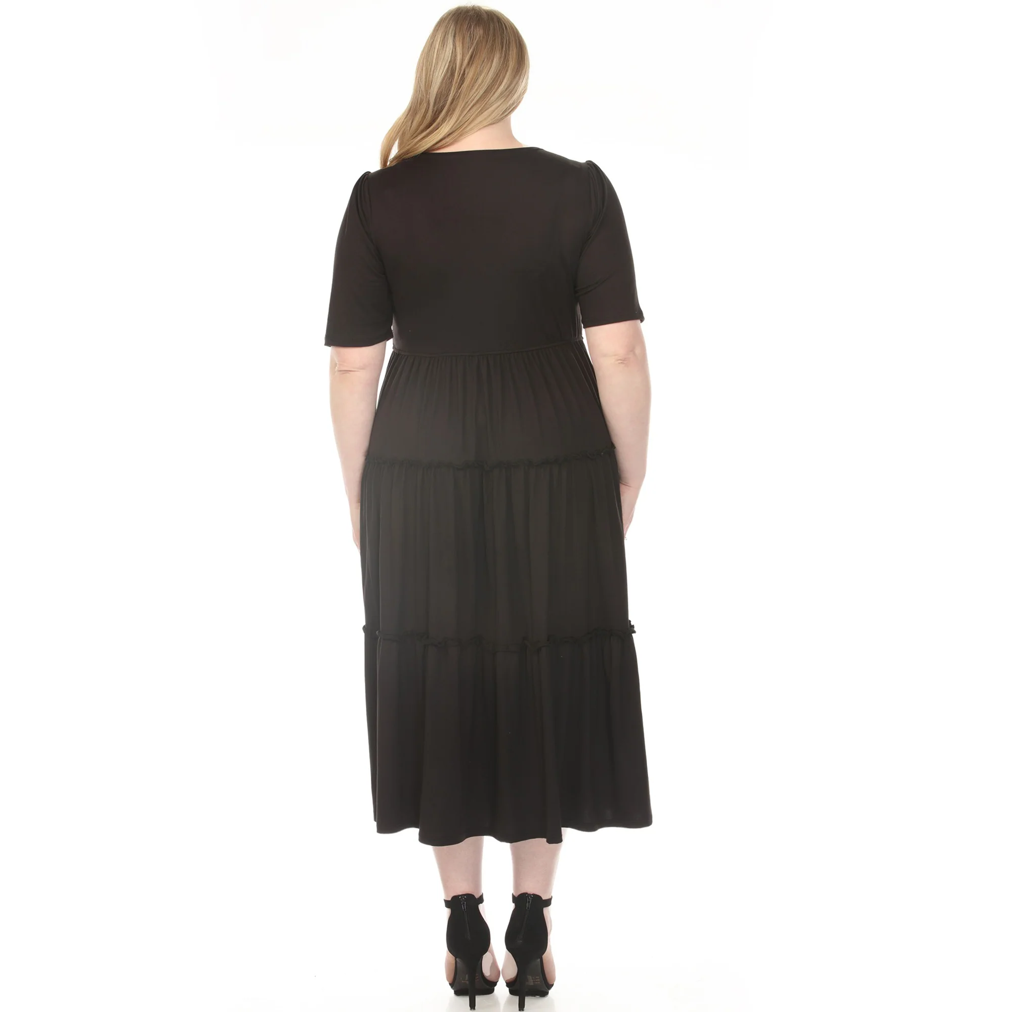 Women's  Square Neck Short Sleeve Tiered Dress - Black - Plus - Image 3