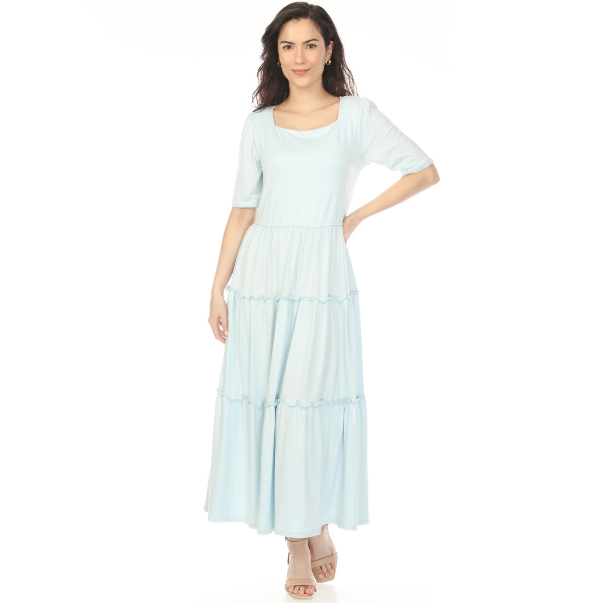 Women's Square Neck Short Sleeve Tiered Dress - Dusty Blue - Image 5