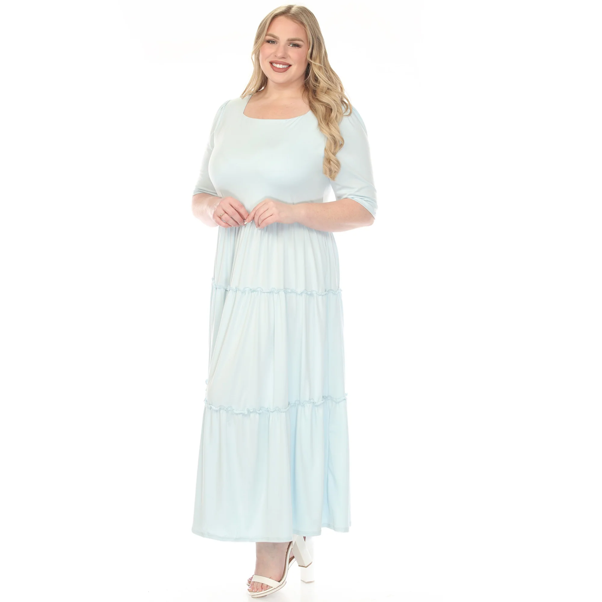 Women's  Square Neck Short Sleeve Tiered Dress - Dusty Blue - Plus - Image 2