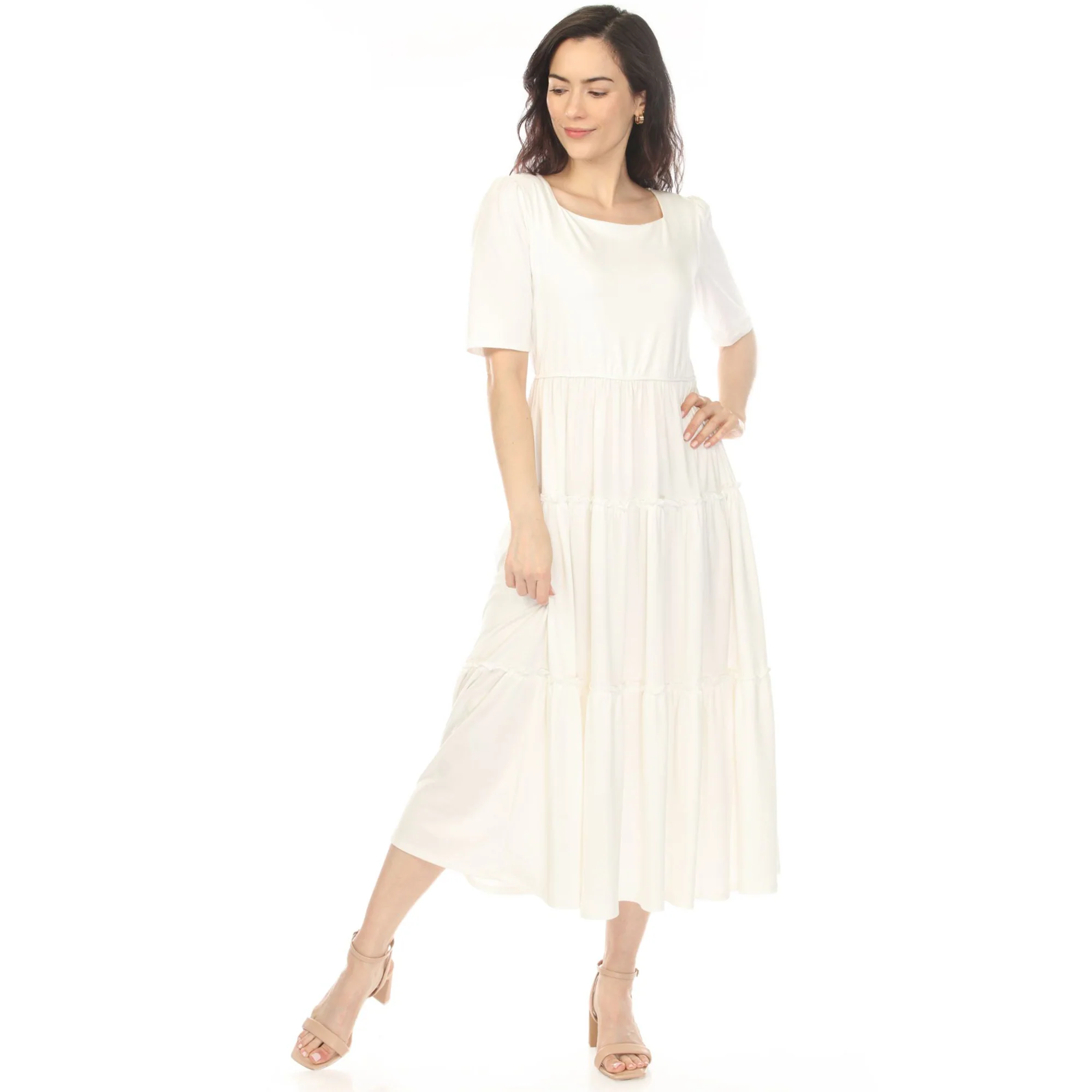 Women's Square Neck Short Sleeve Tiered Dress - Off White - Image 5