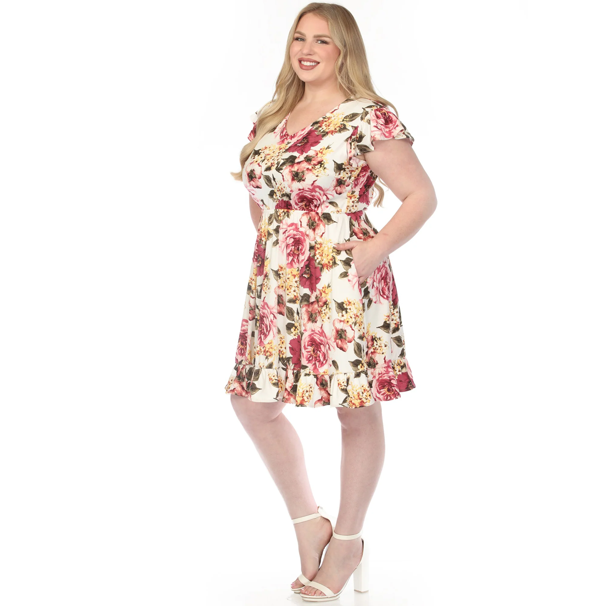 Women's  V-Neck Empire Dress - Ivory Mauve - Plus - Image 2