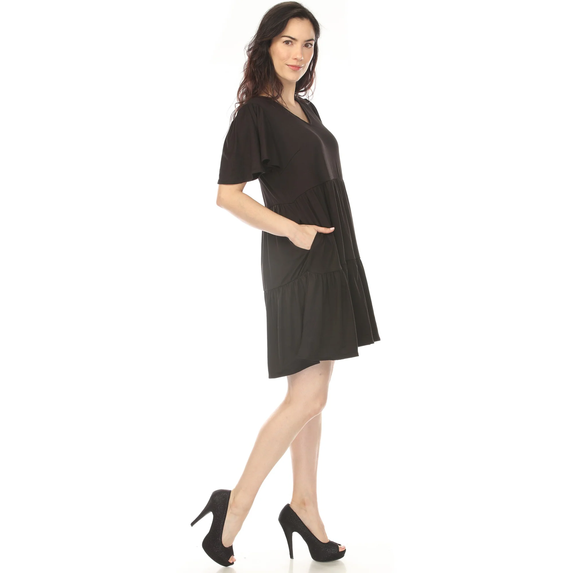 Women's V-Neck Short Sleeve Dress - Black - Image 2