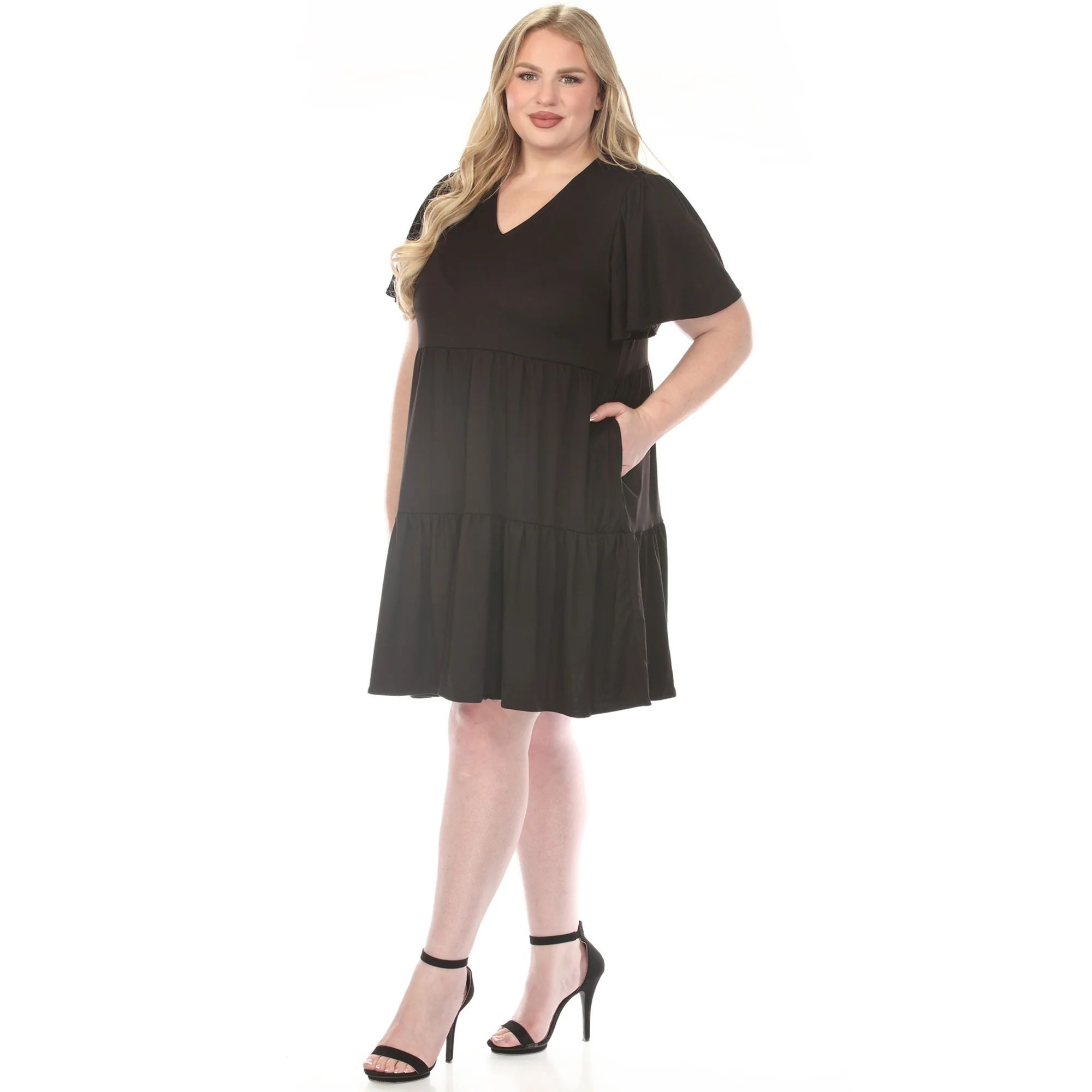 Women's  V-Neck Short Sleeve Dress - Black - Plus - Image 2
