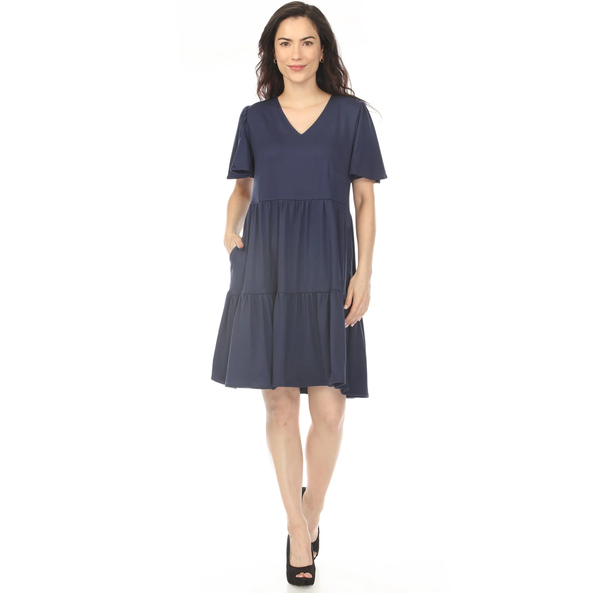 Women's V-Neck Short Sleeve Dress - Navy - Image 5