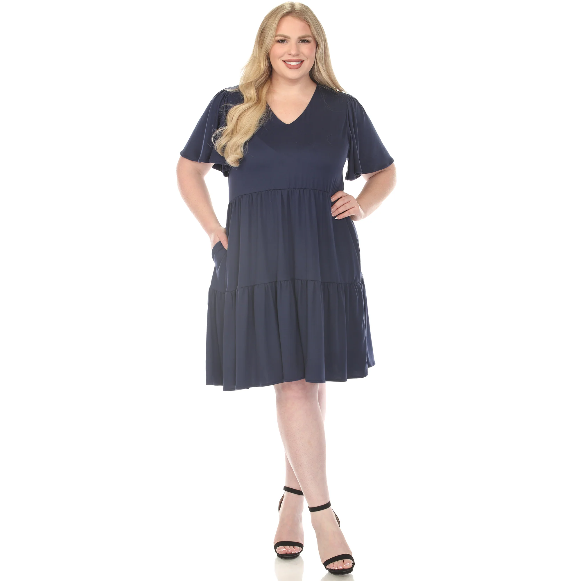 Women's  V-Neck Short Sleeve Dress - Navy - Plus - Image 5