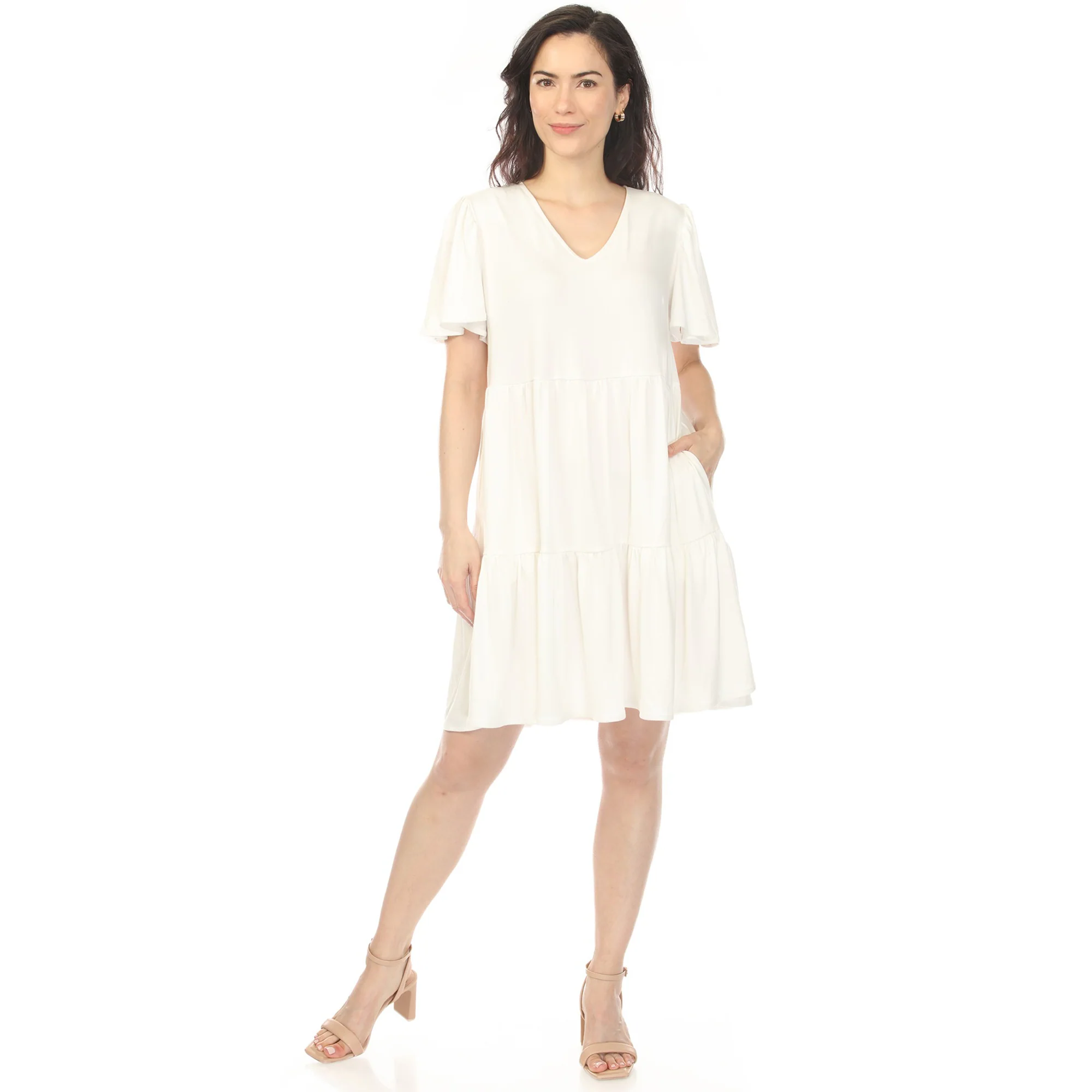 Women's V-Neck Short Sleeve Dress - Off White - Image 5