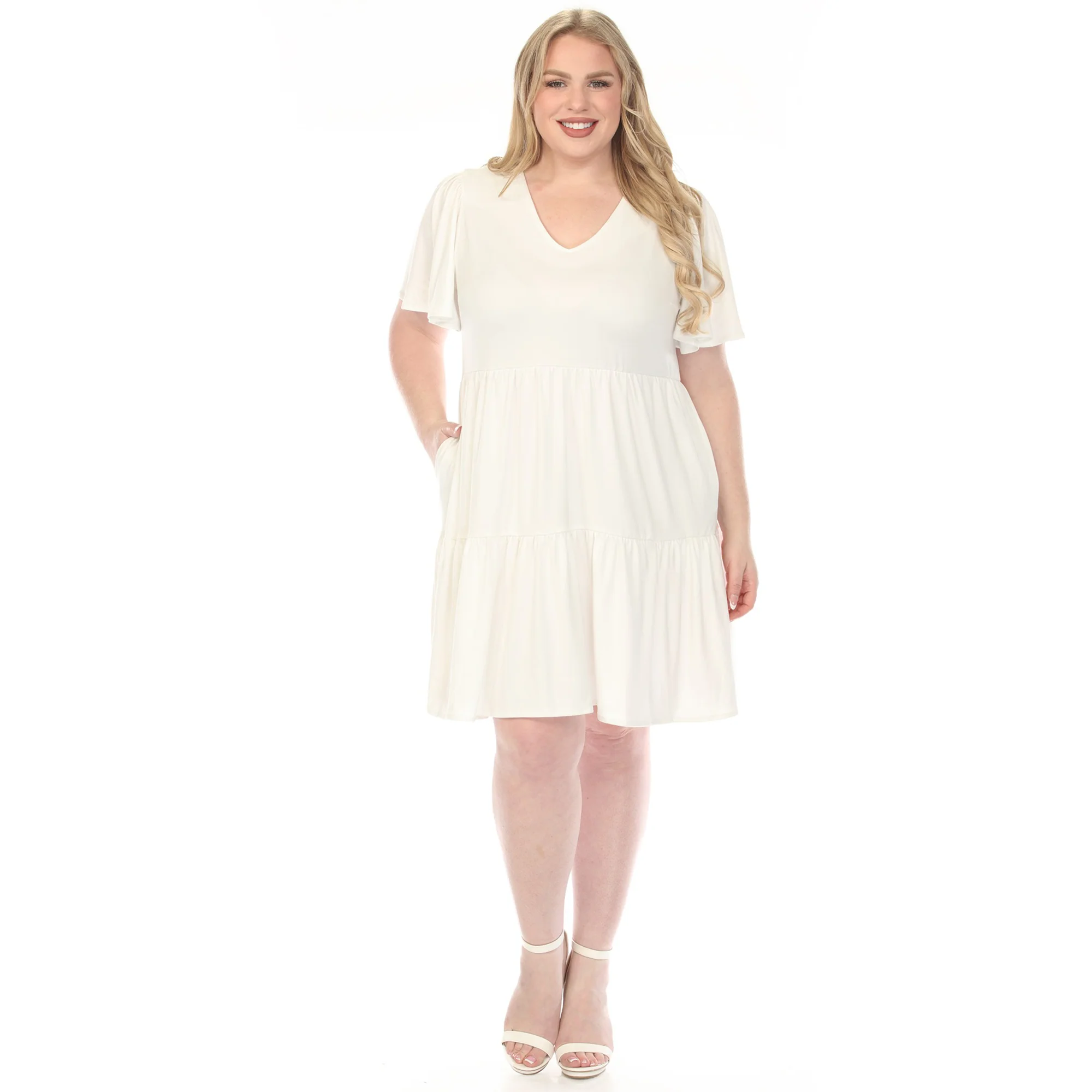 Women's  V-Neck Short Sleeve Dress - Off White - Plus - Image 5