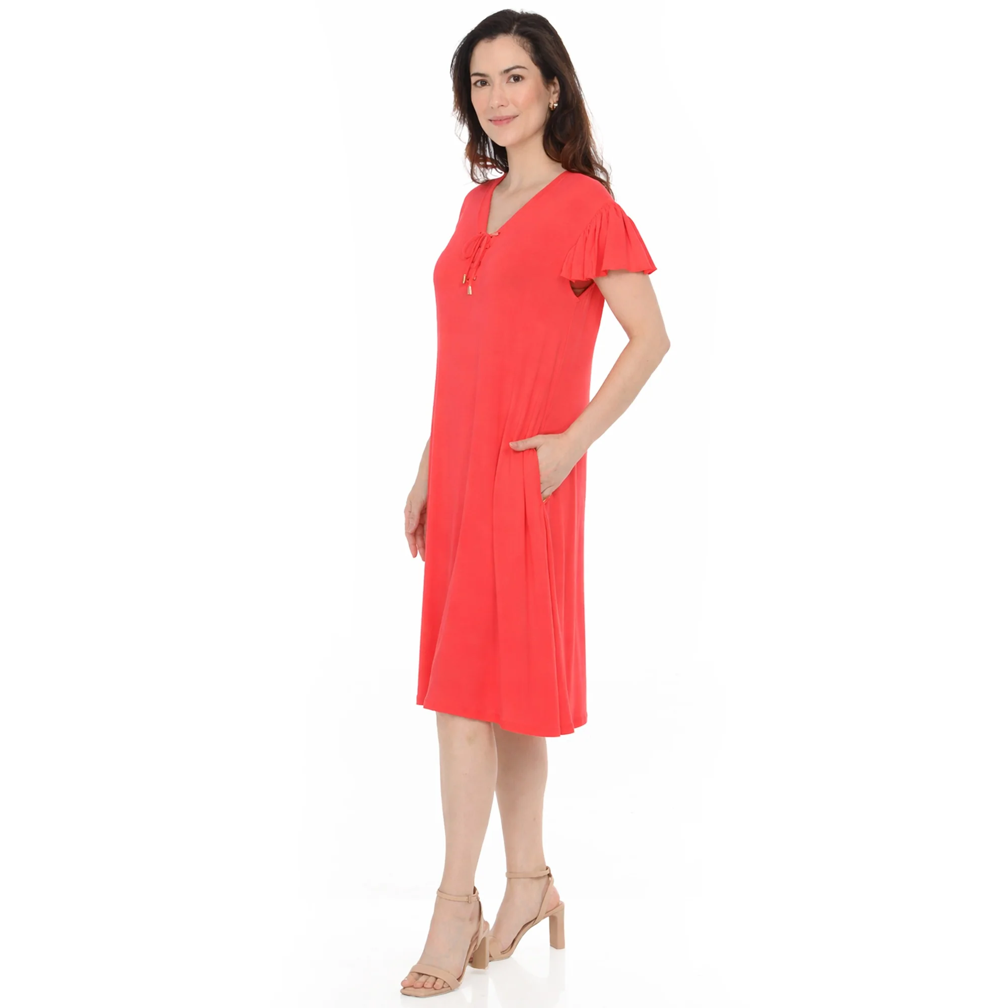 Women's V-Neck Tie Front Flutter Sleeve Shift Dress - Image 12
