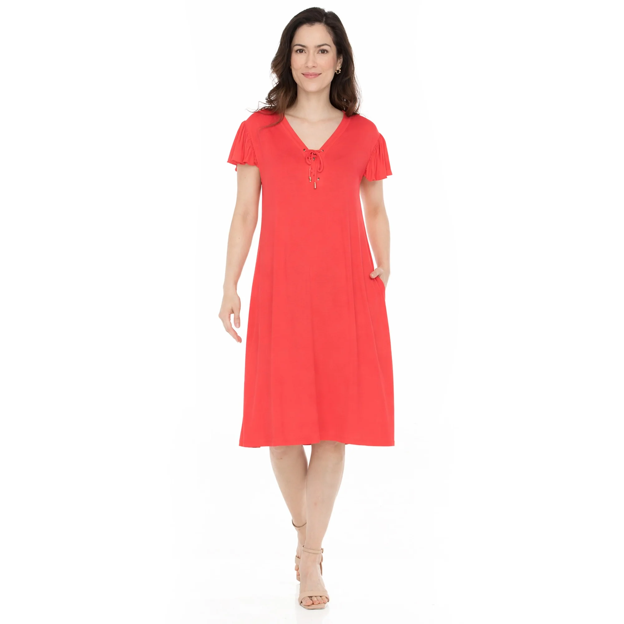 Women's V-Neck Tie Front Flutter Sleeve Shift Dress - Image 15
